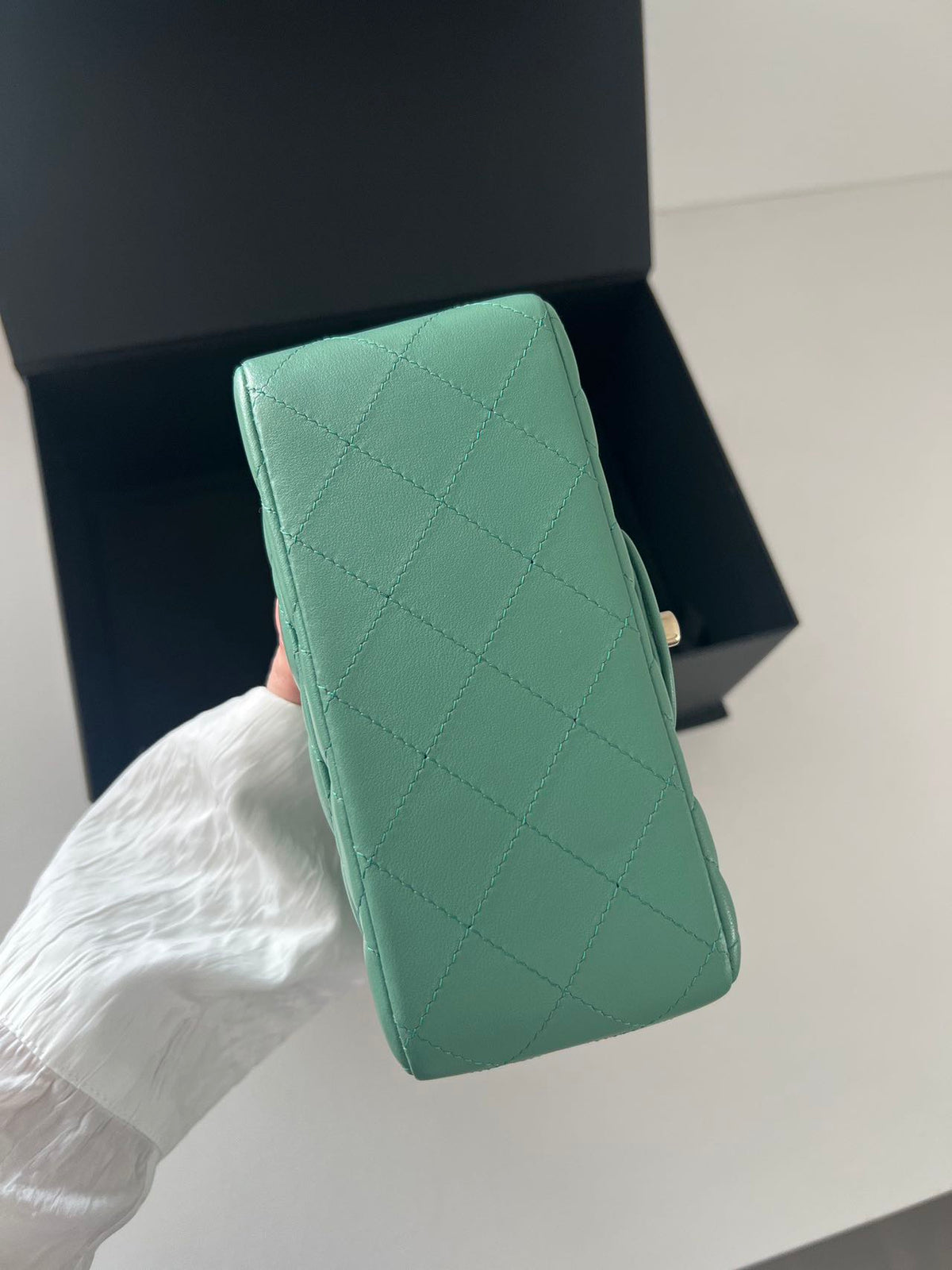 Pre-owned Certified Chanel Mini Square Flap in Green Lambskin with Golden Hardware, w/ full set
