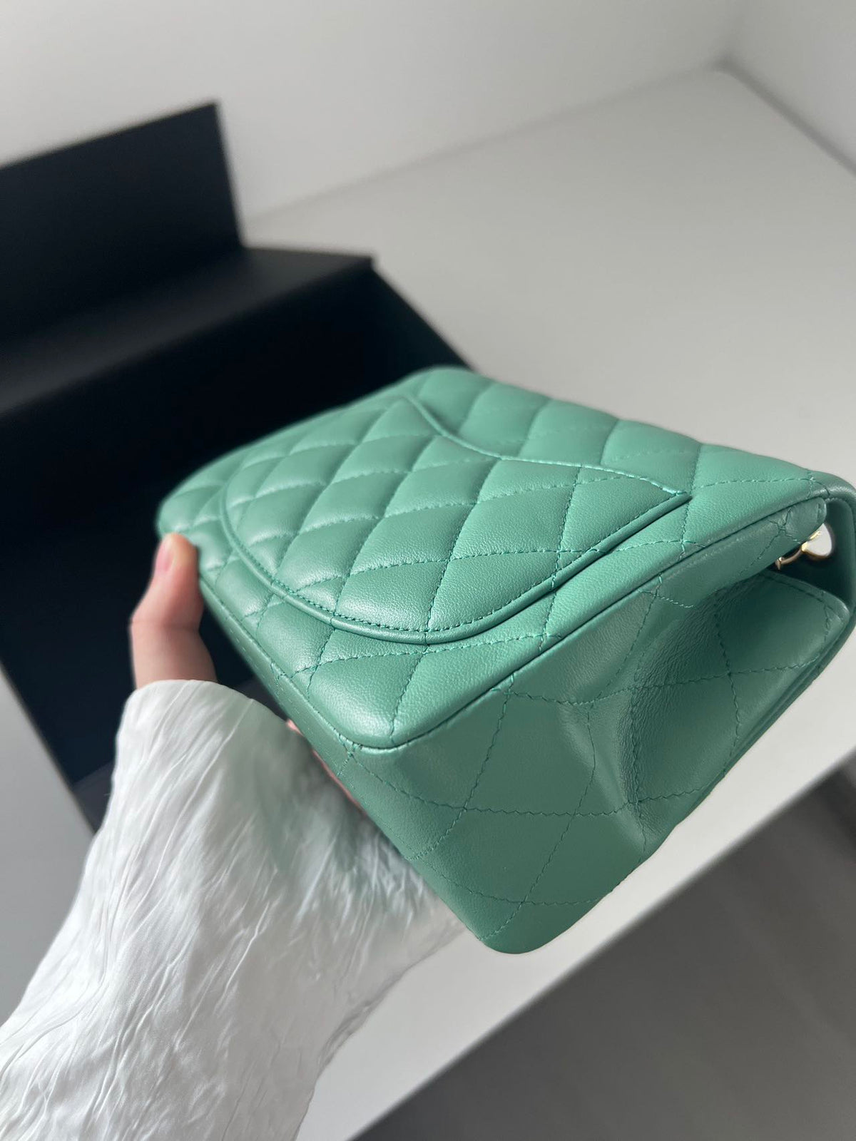 Pre-owned Certified Chanel Mini Square Flap in Green Lambskin with Golden Hardware, w/ full set