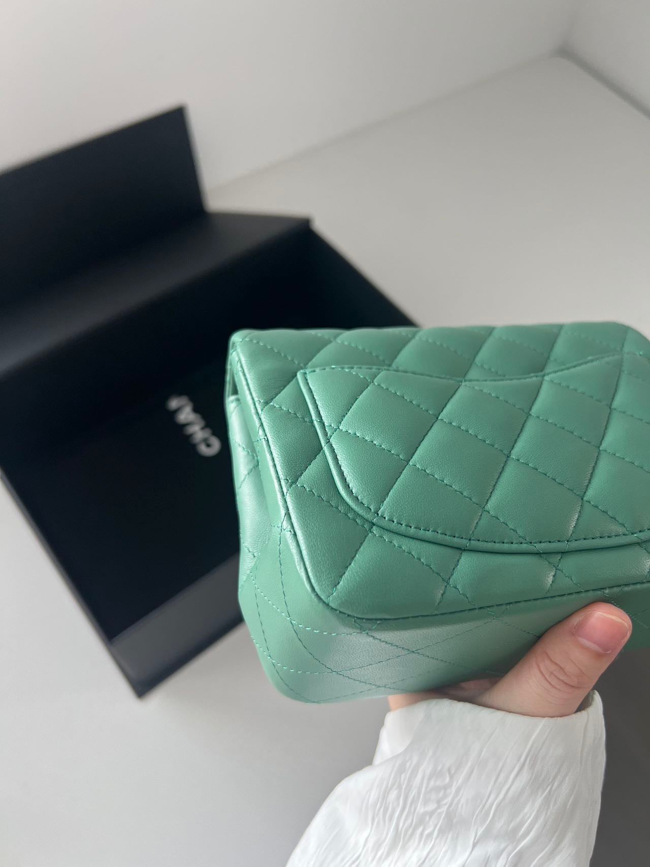Pre-owned Certified Chanel Mini Square Flap in Green Lambskin with Golden Hardware, w/ full set