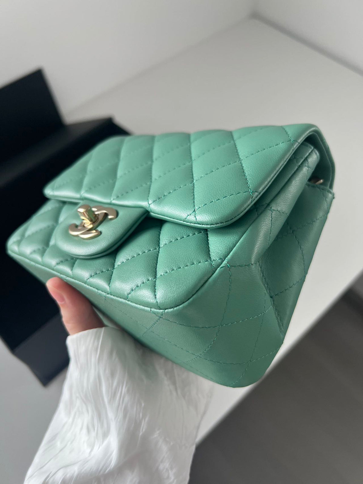 Pre-owned Certified Chanel Mini Square Flap in Green Lambskin with Golden Hardware, w/ full set