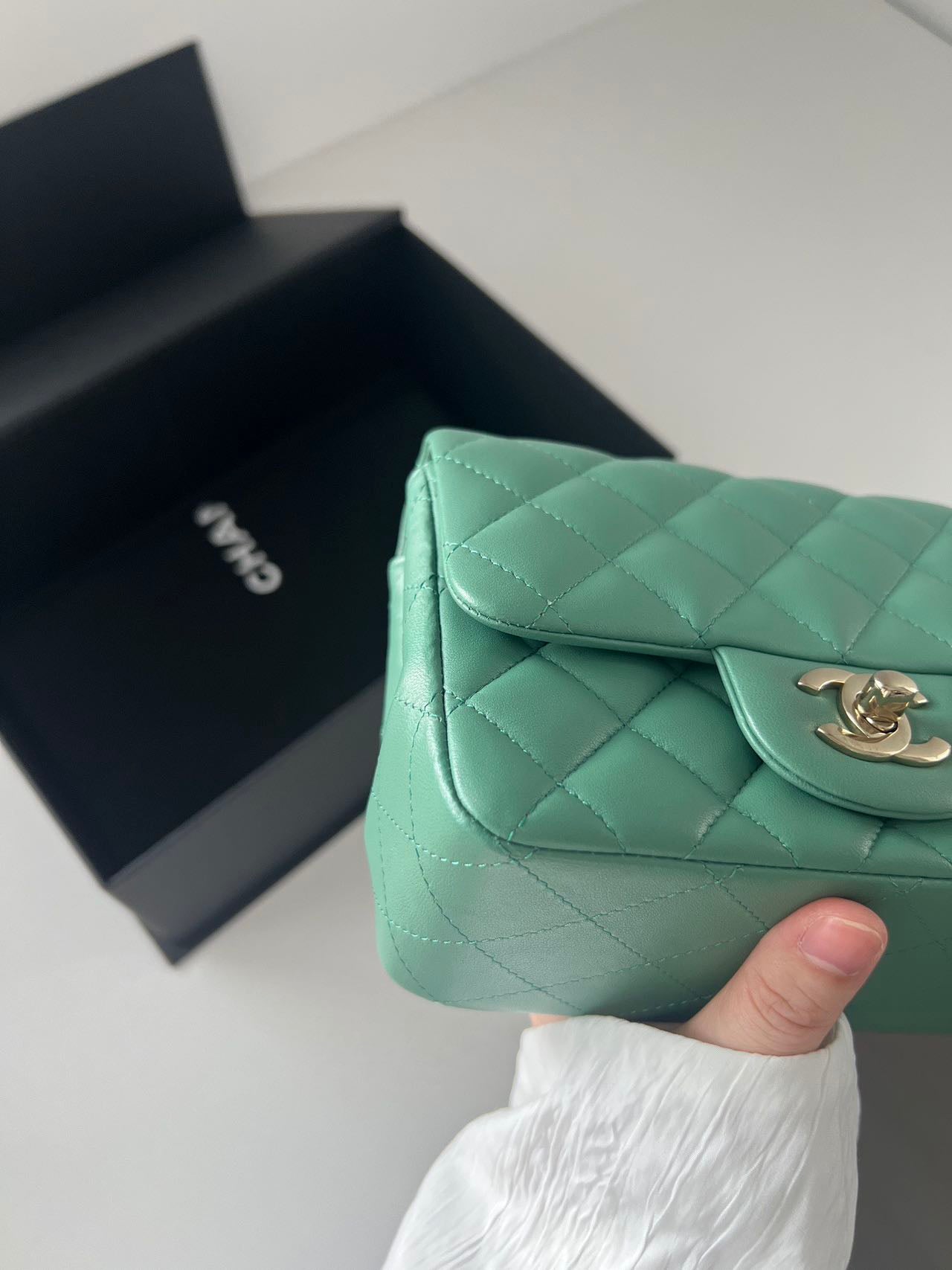 Pre-owned Certified Chanel Mini Square Flap in Green Lambskin with Golden Hardware, w/ full set