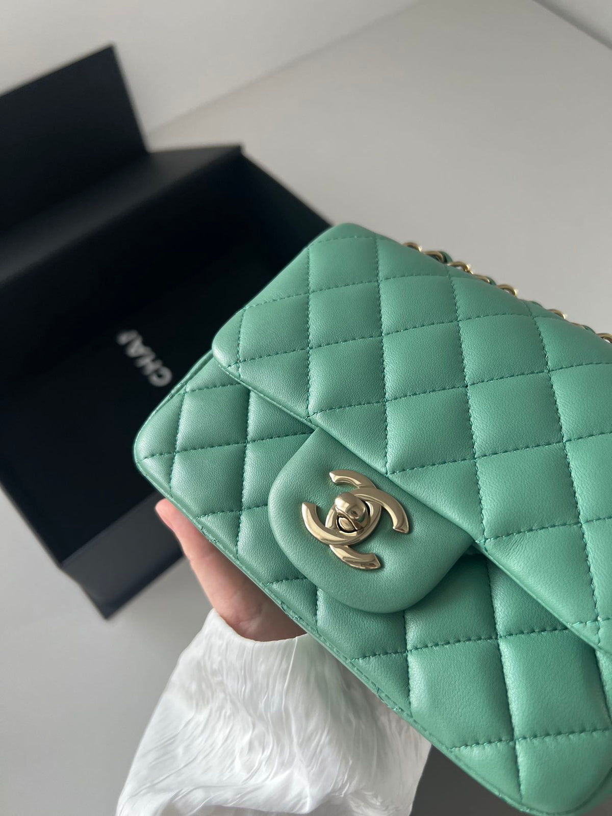 Pre-owned Certified Chanel Mini Square Flap in Green Lambskin with Golden Hardware, w/ full set