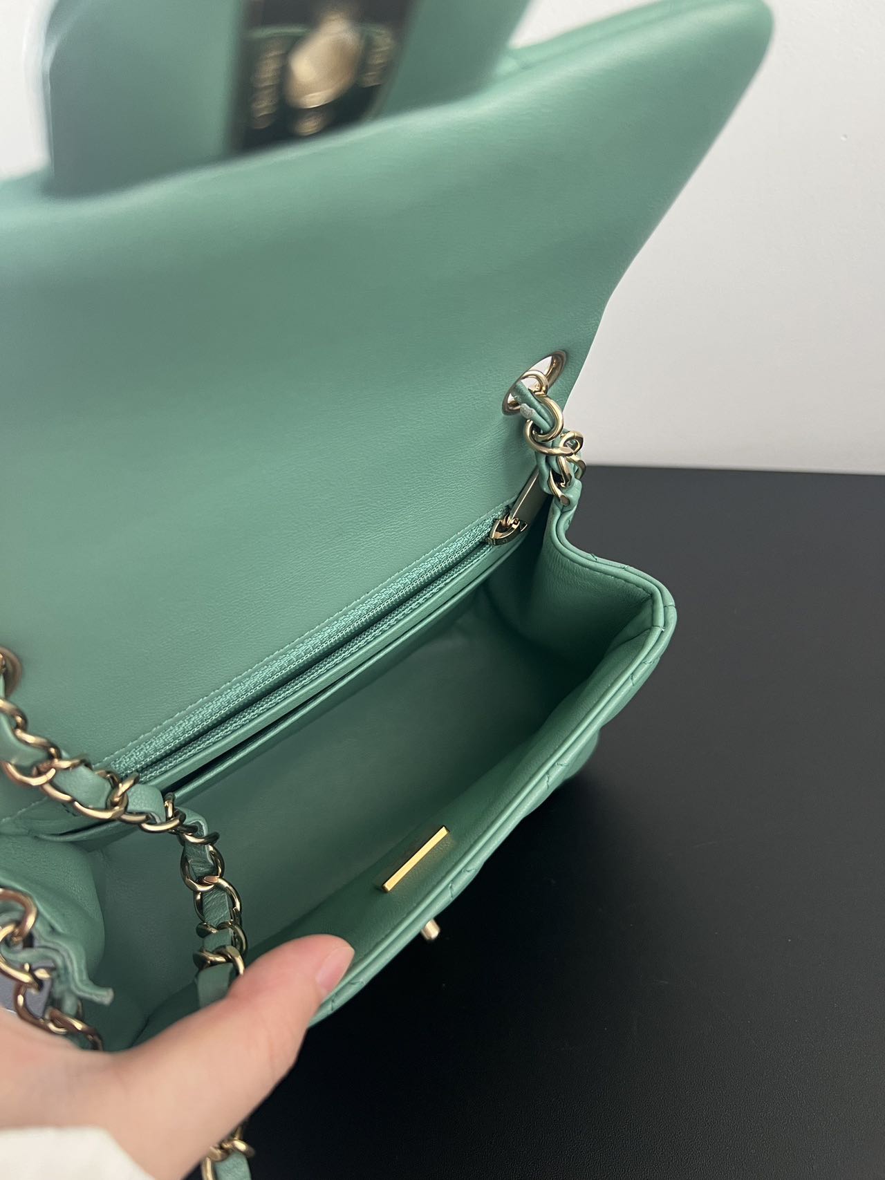 Pre-owned Certified Chanel Mini Square Flap in Green Lambskin with Golden Hardware, w/ full set