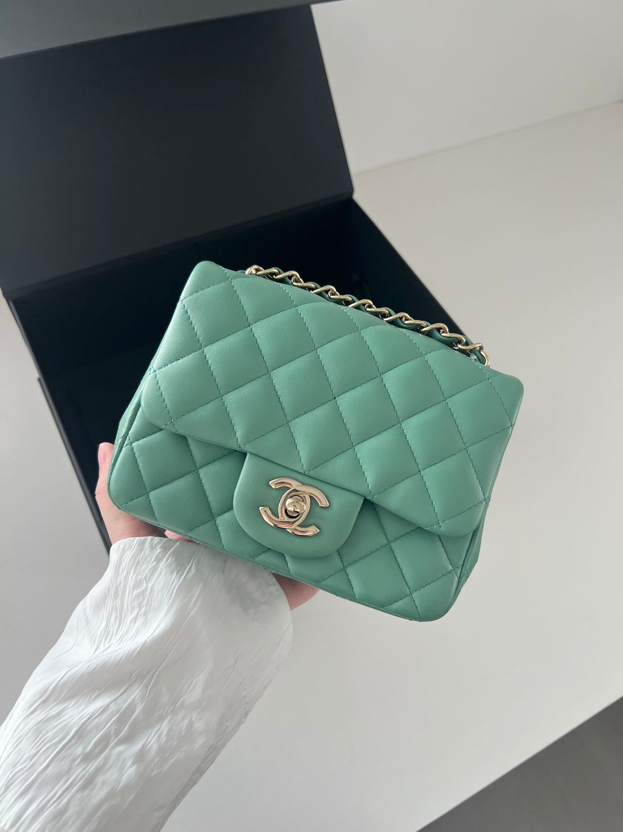 Pre-owned Certified Chanel Mini Square Flap in Green Lambskin with Golden Hardware, w/ full set