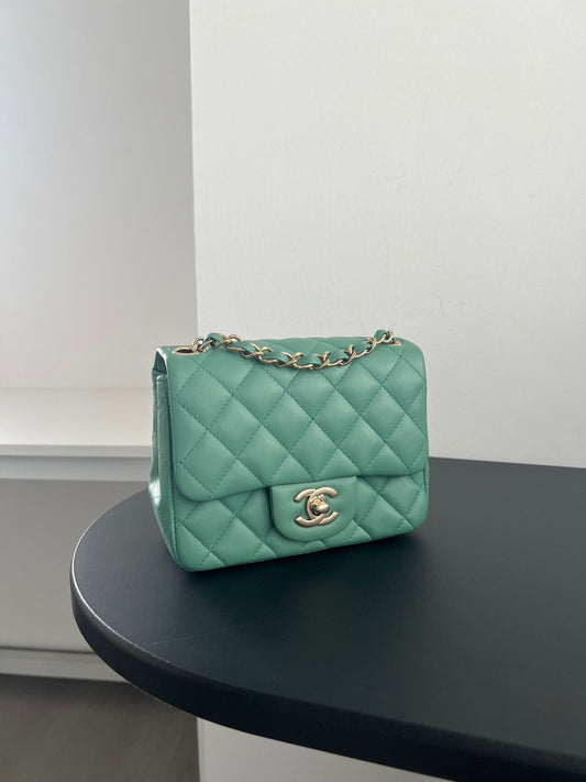 Pre-owned Certified Chanel Mini Square Flap in Green Lambskin with Golden Hardware, w/ full set