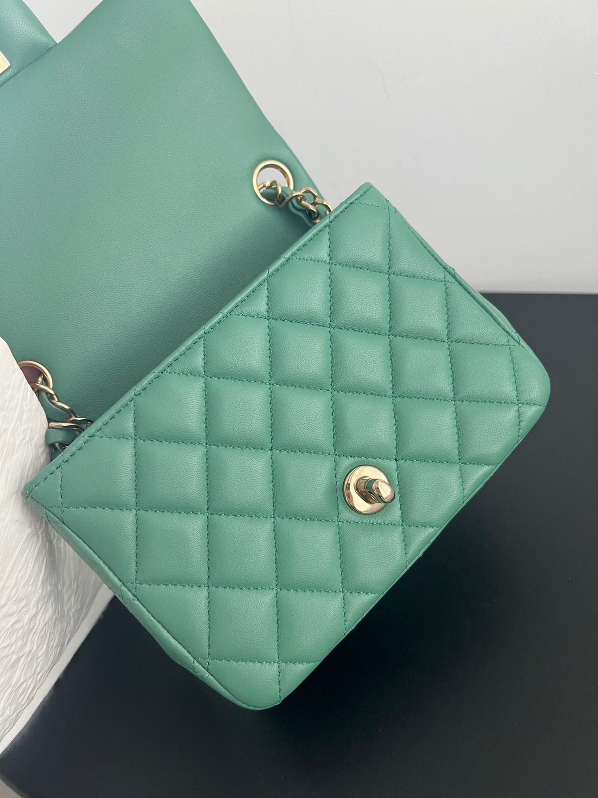 Pre-owned Certified Chanel Mini Square Flap in Green Lambskin with Golden Hardware, w/ full set