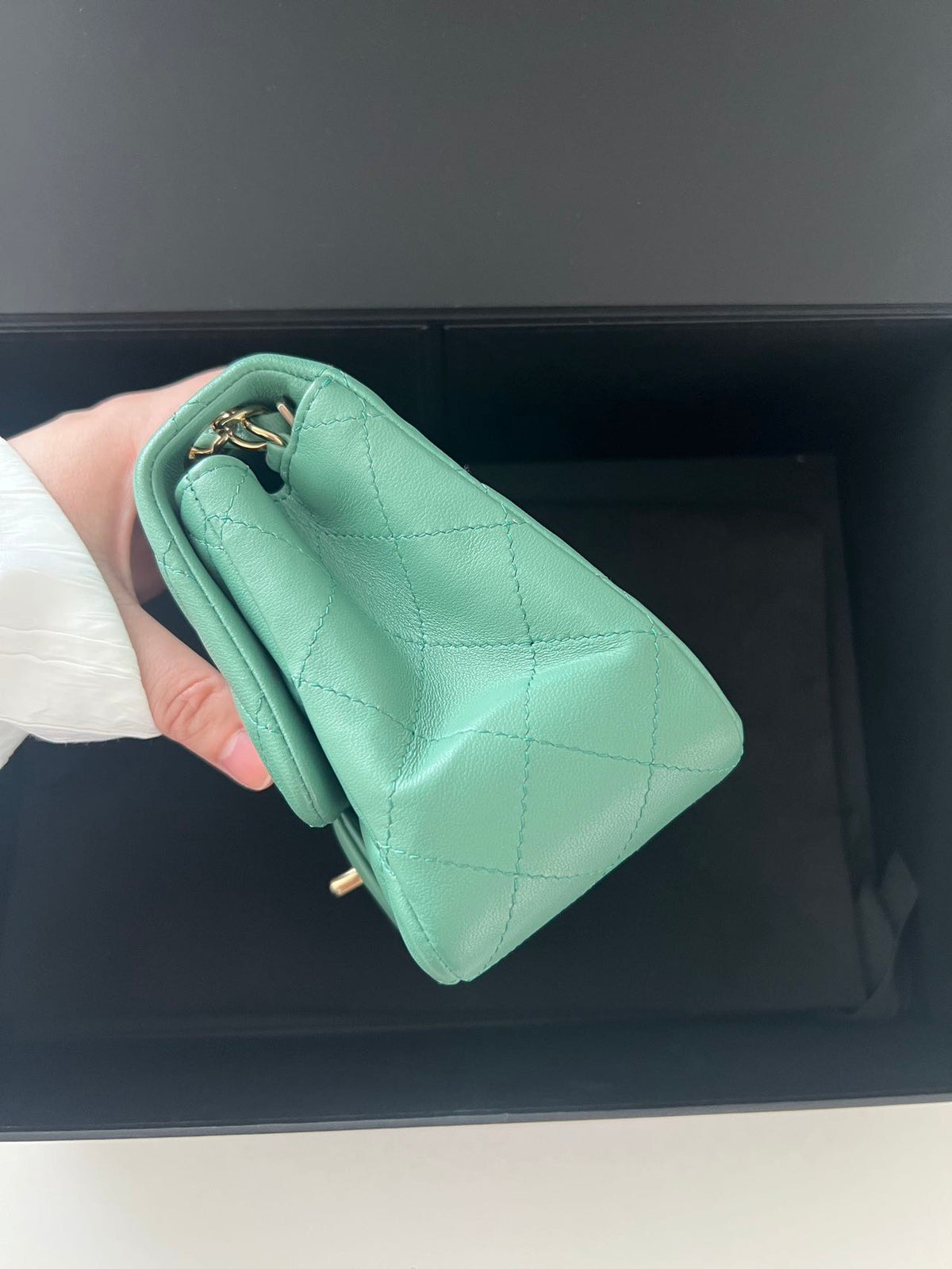 Pre-owned Certified Chanel Mini Square Flap in Green Lambskin with Golden Hardware, w/ full set