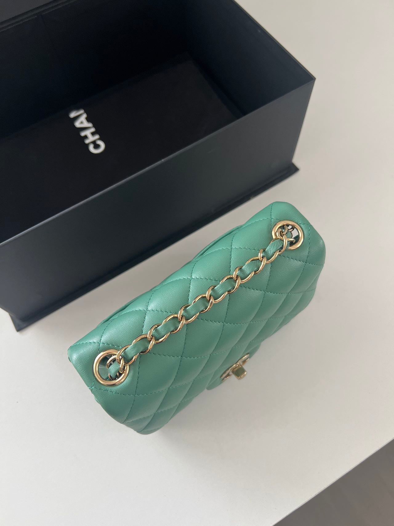Pre-owned Certified Chanel Mini Square Flap in Green Lambskin with Golden Hardware, w/ full set