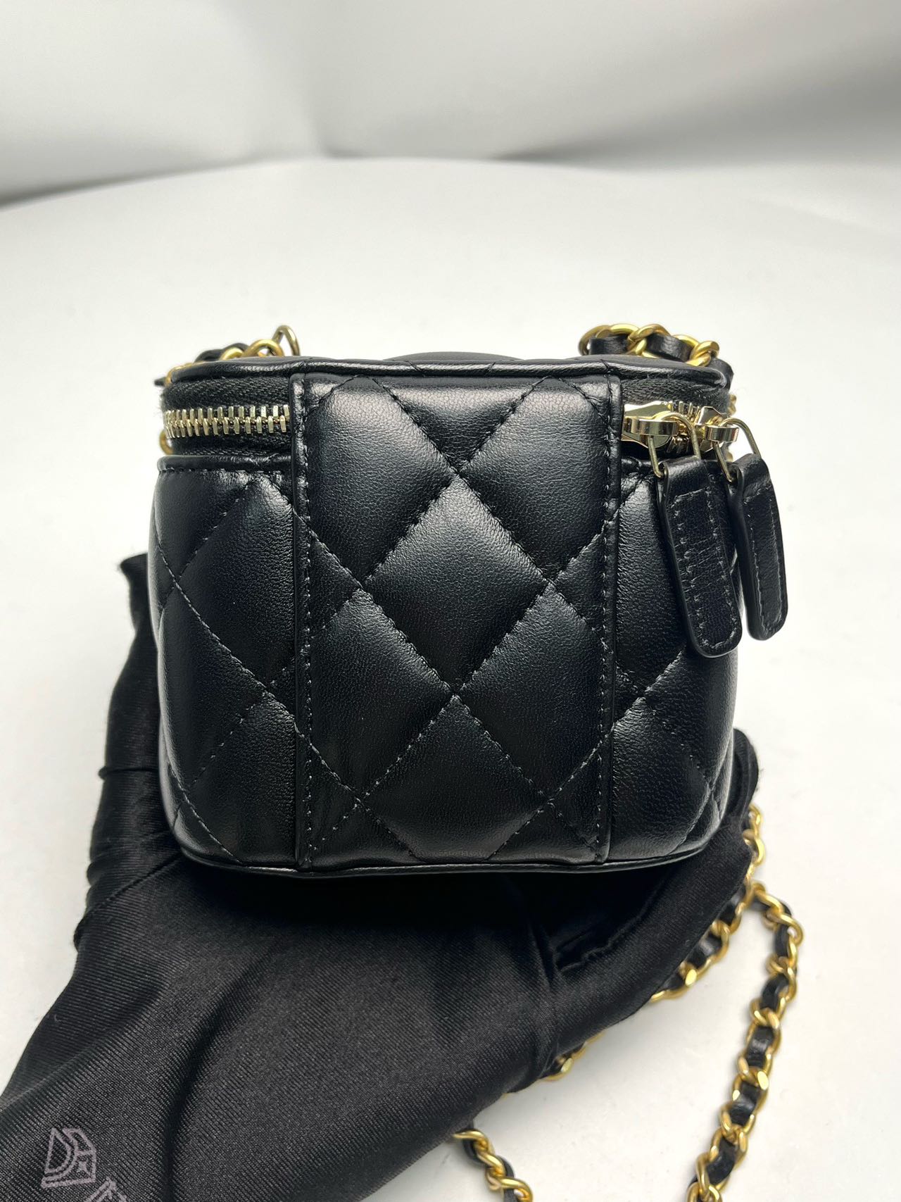 Pre-owned Certified Chanel Mini Square Pearl Crush Vanity Case with Chain in Quilted Black Lambskin with Golden Hardware, 2022, w/card