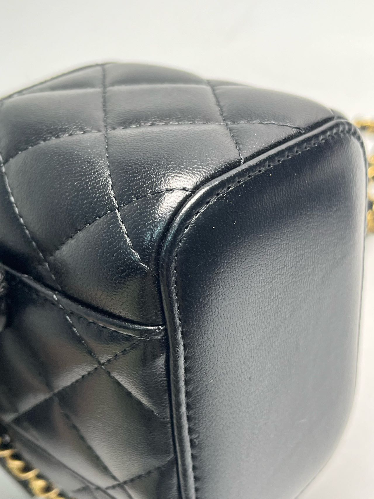Pre-owned Certified Chanel Mini Square Pearl Crush Vanity Case with Chain in Quilted Black Lambskin with Golden Hardware, 2022, w/card