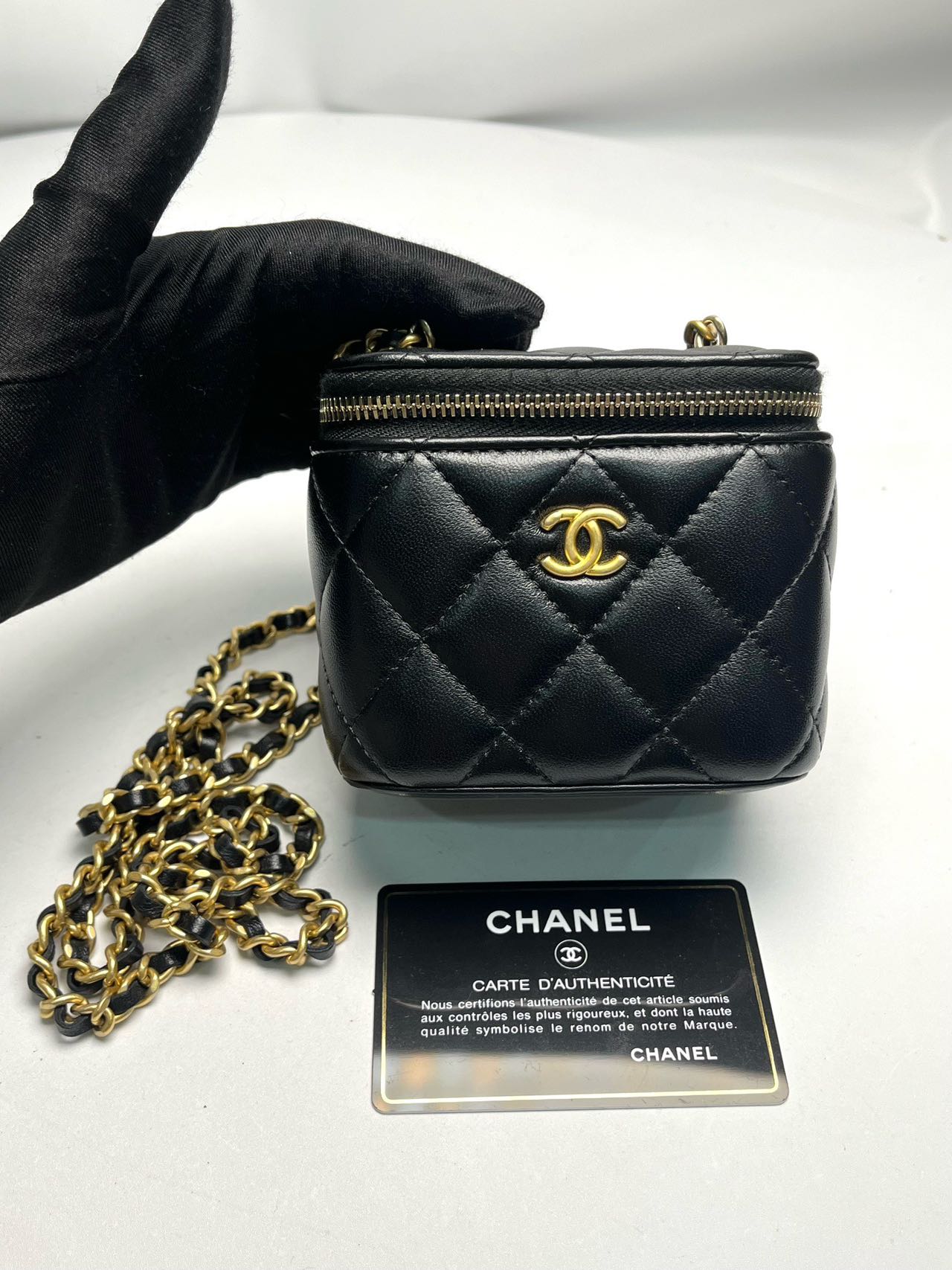 Pre-owned Certified Chanel Mini Square Pearl Crush Vanity Case with Chain in Quilted Black Lambskin with Golden Hardware, 2022, w/card
