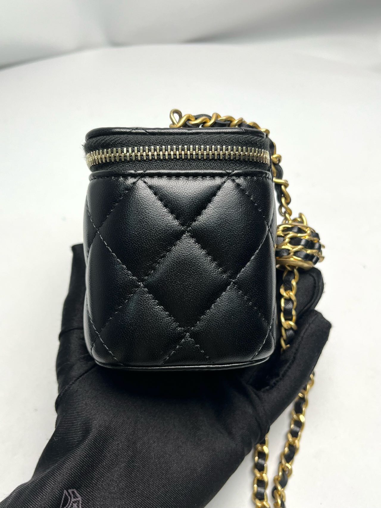 Pre-owned Certified Chanel Mini Square Pearl Crush Vanity Case with Chain in Quilted Black Lambskin with Golden Hardware, 2022, w/card
