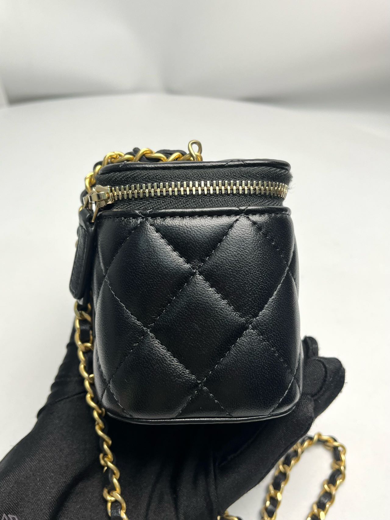 Pre-owned Certified Chanel Mini Square Pearl Crush Vanity Case with Chain in Quilted Black Lambskin with Golden Hardware, 2022, w/card