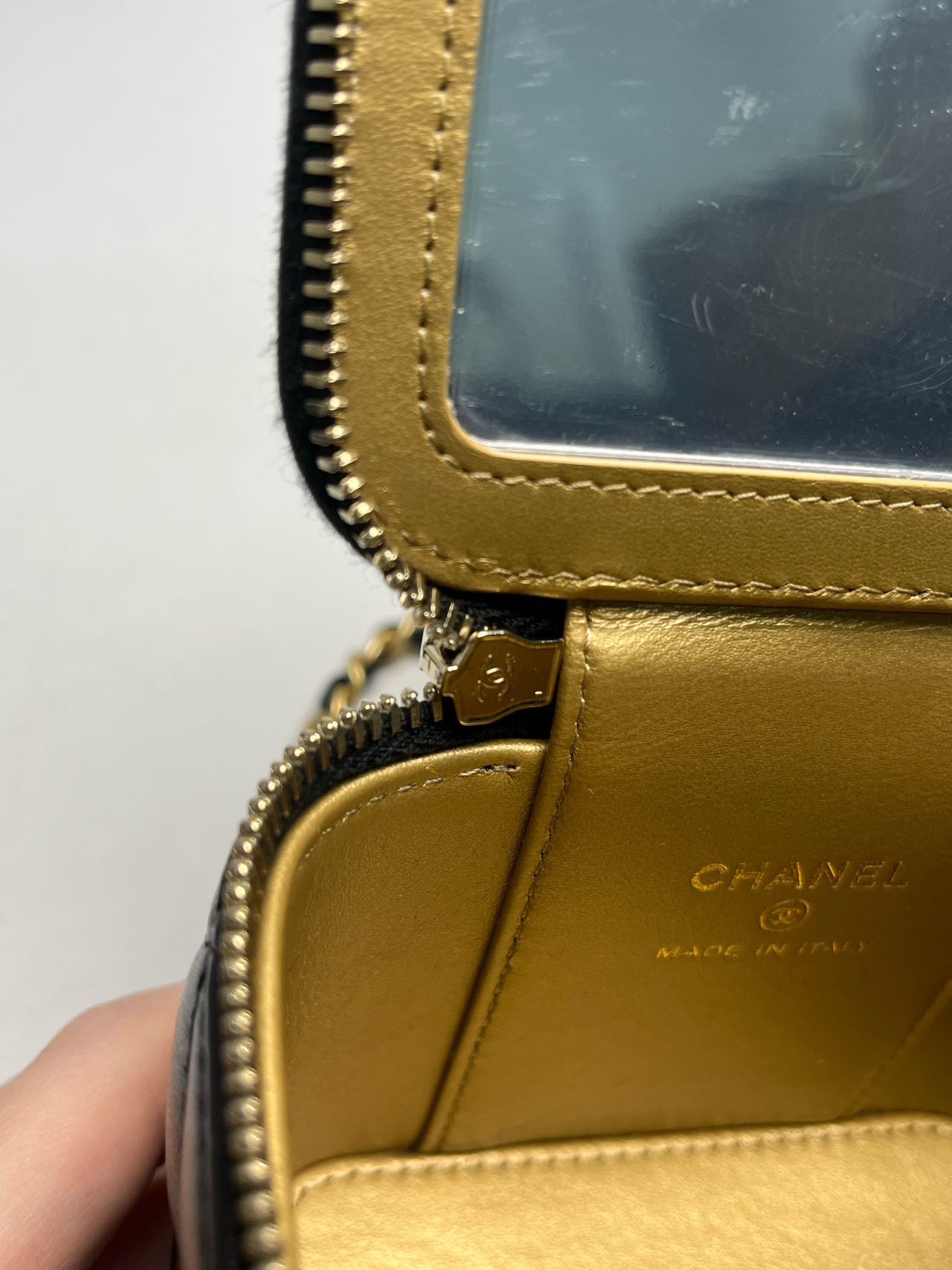 Pre-owned Certified Chanel Mini Square Pearl Crush Vanity Case with Chain in Quilted Black Lambskin with Golden Hardware, 2022, w/card