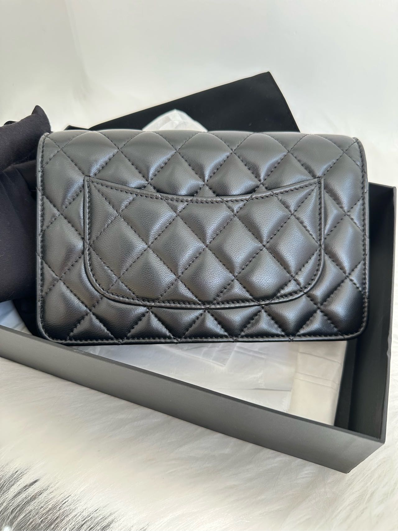 Pre-owned Certified Chanel  Pearl Crush Wallet on Chain in Black Lambskin with Golden Hardware, w/ fusll set