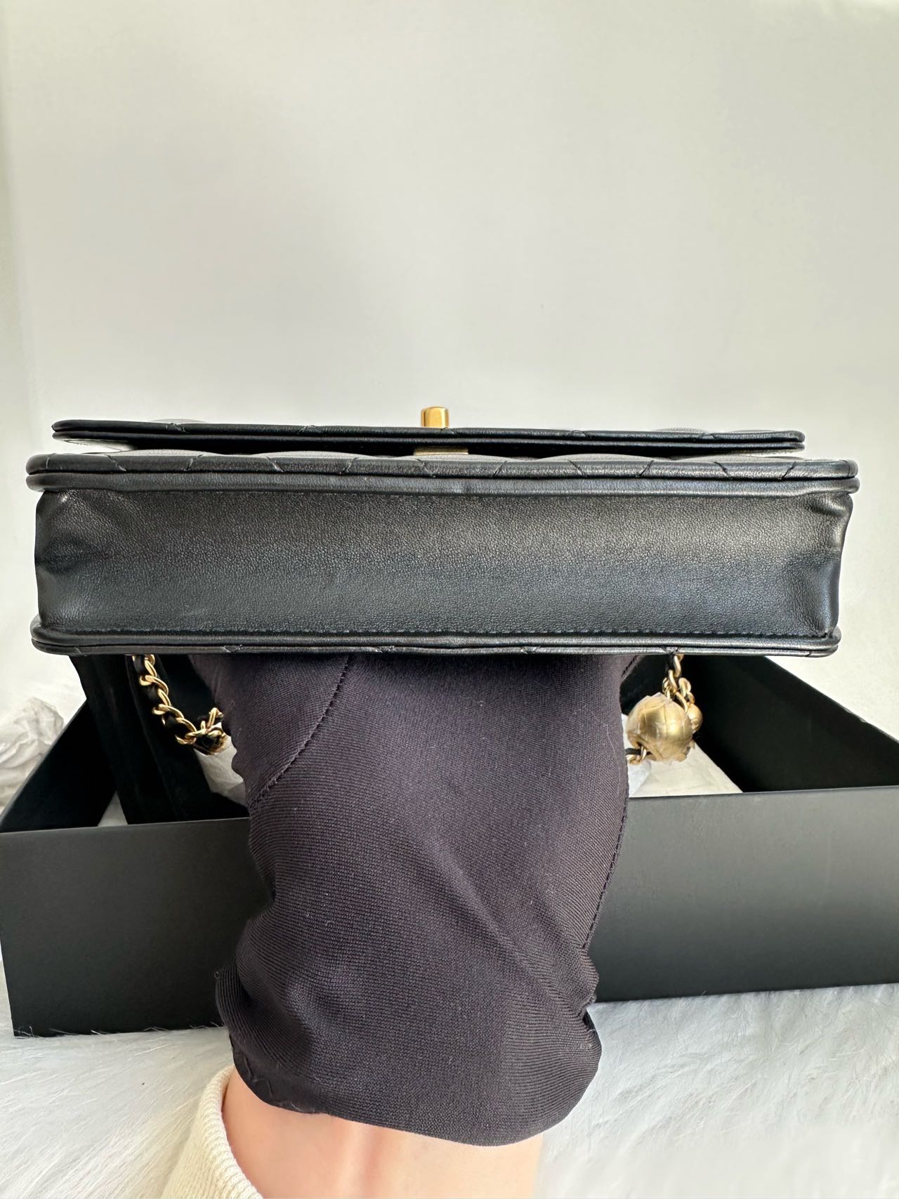 Pre-owned Certified Chanel  Pearl Crush Wallet on Chain in Black Lambskin with Golden Hardware, w/ fusll set