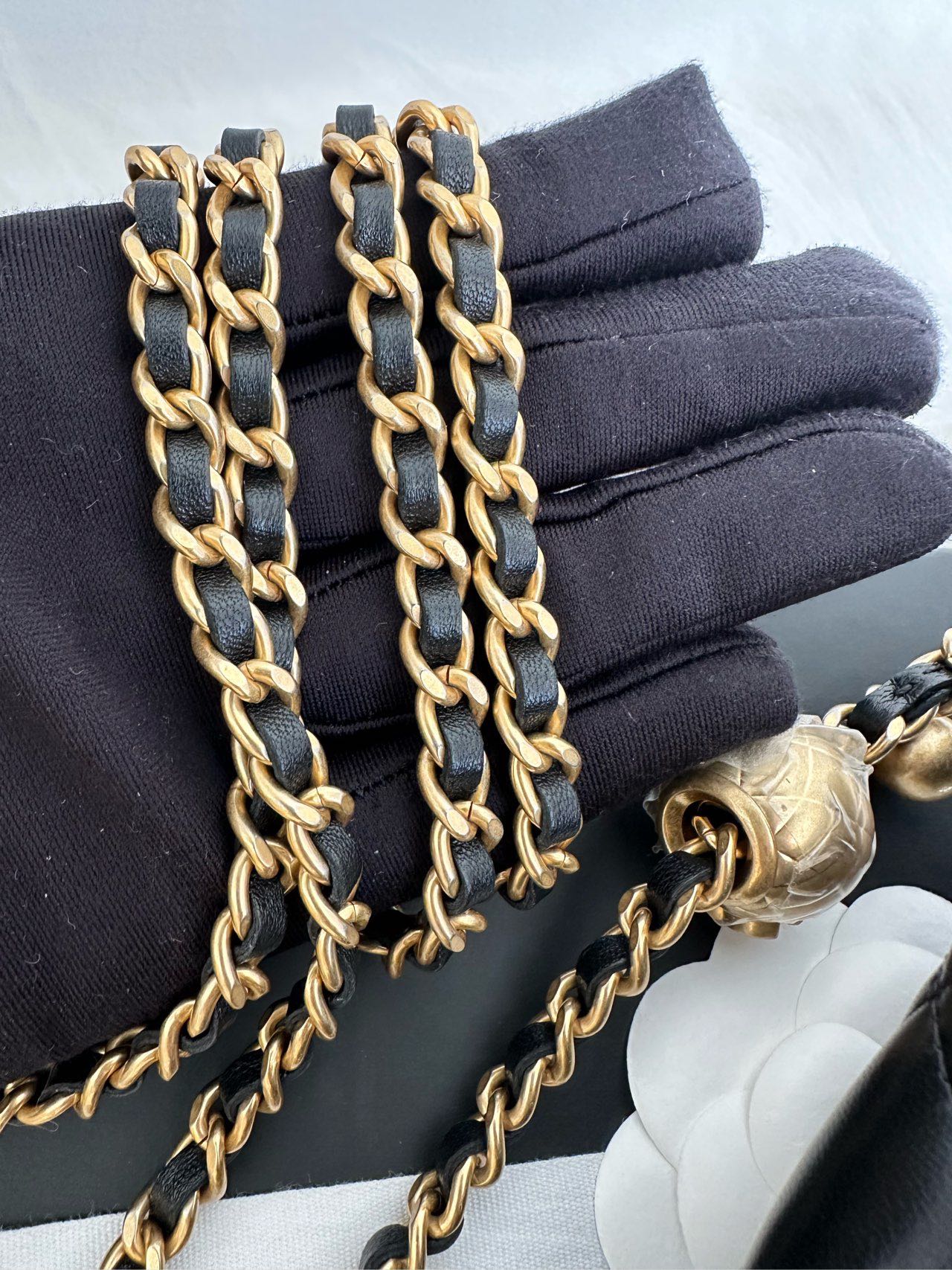 Pre-owned Certified Chanel  Pearl Crush Wallet on Chain in Black Lambskin with Golden Hardware, w/ fusll set