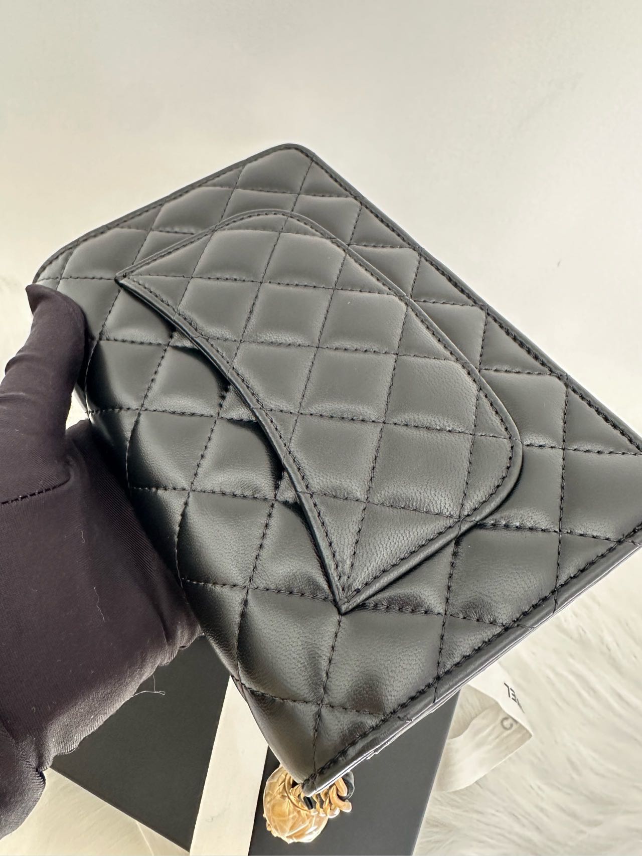Pre-owned Certified Chanel  Pearl Crush Wallet on Chain in Black Lambskin with Golden Hardware, w/ fusll set