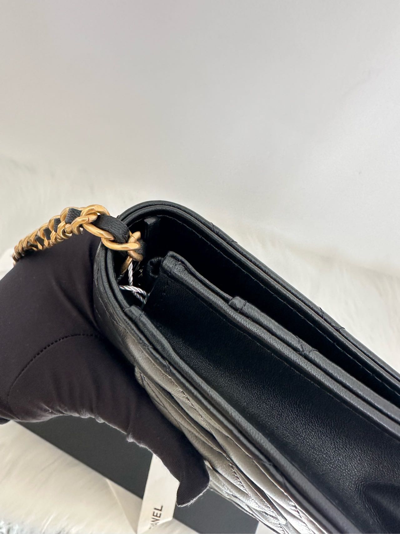 Pre-owned Certified Chanel  Pearl Crush Wallet on Chain in Black Lambskin with Golden Hardware, w/ fusll set