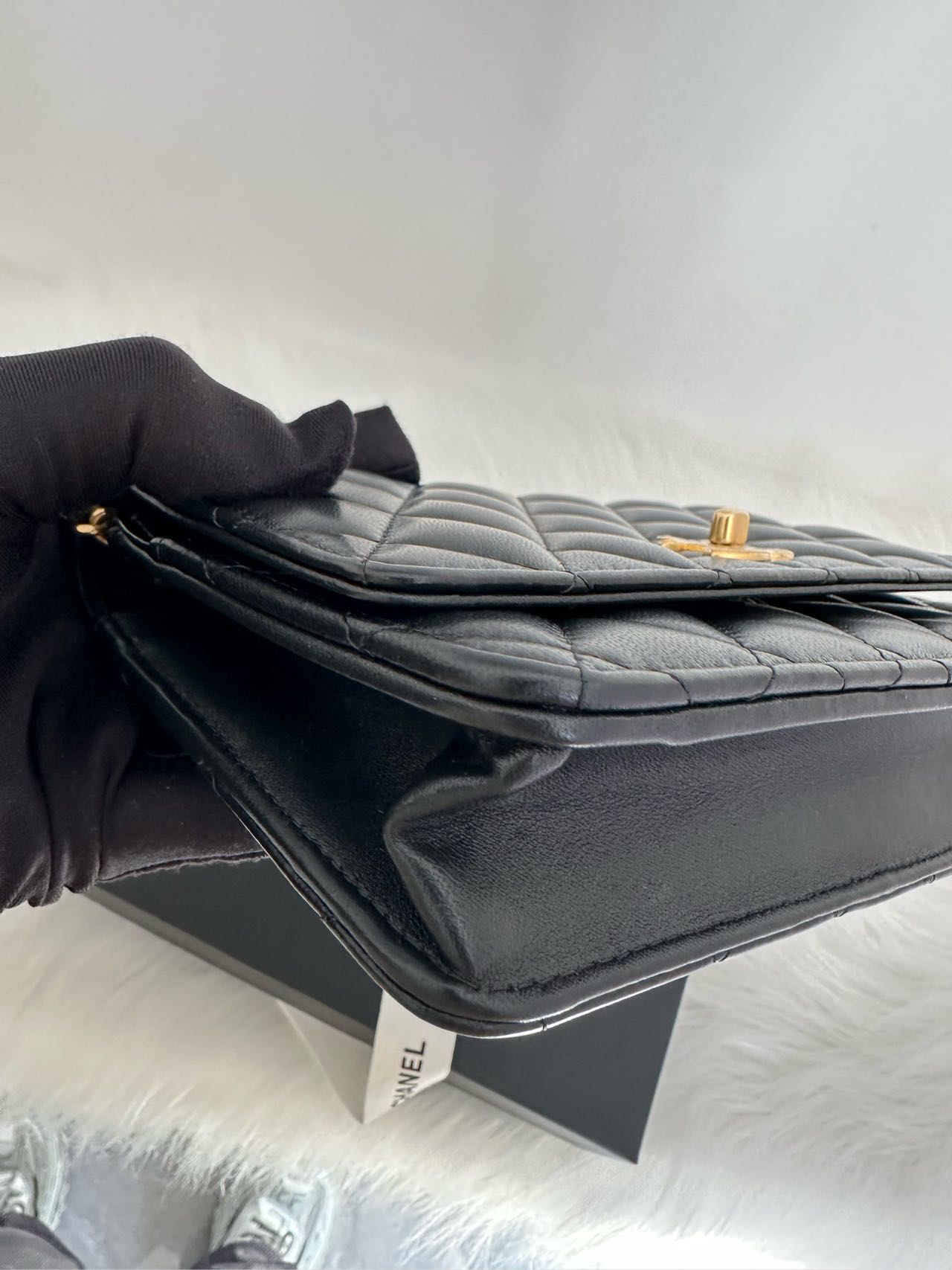 Pre-owned Certified Chanel  Pearl Crush Wallet on Chain in Black Lambskin with Golden Hardware, w/ fusll set