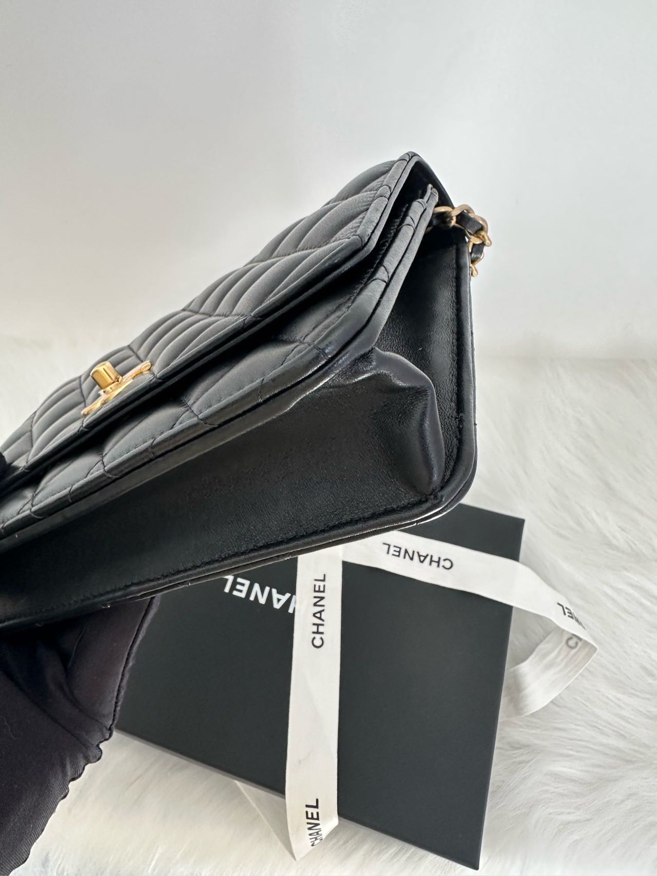 Pre-owned Certified Chanel  Pearl Crush Wallet on Chain in Black Lambskin with Golden Hardware, w/ fusll set