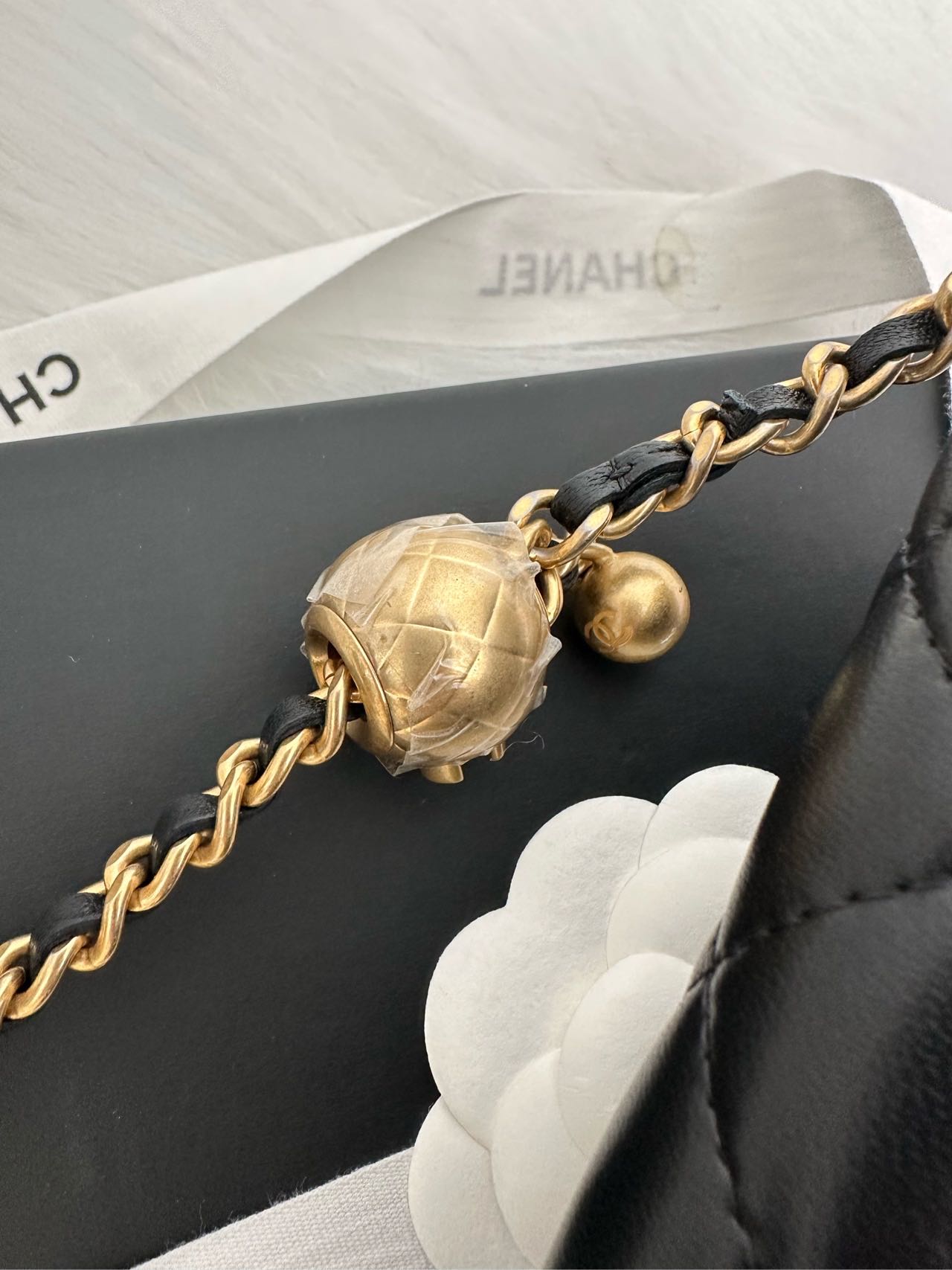 Pre-owned Certified Chanel  Pearl Crush Wallet on Chain in Black Lambskin with Golden Hardware, w/ fusll set