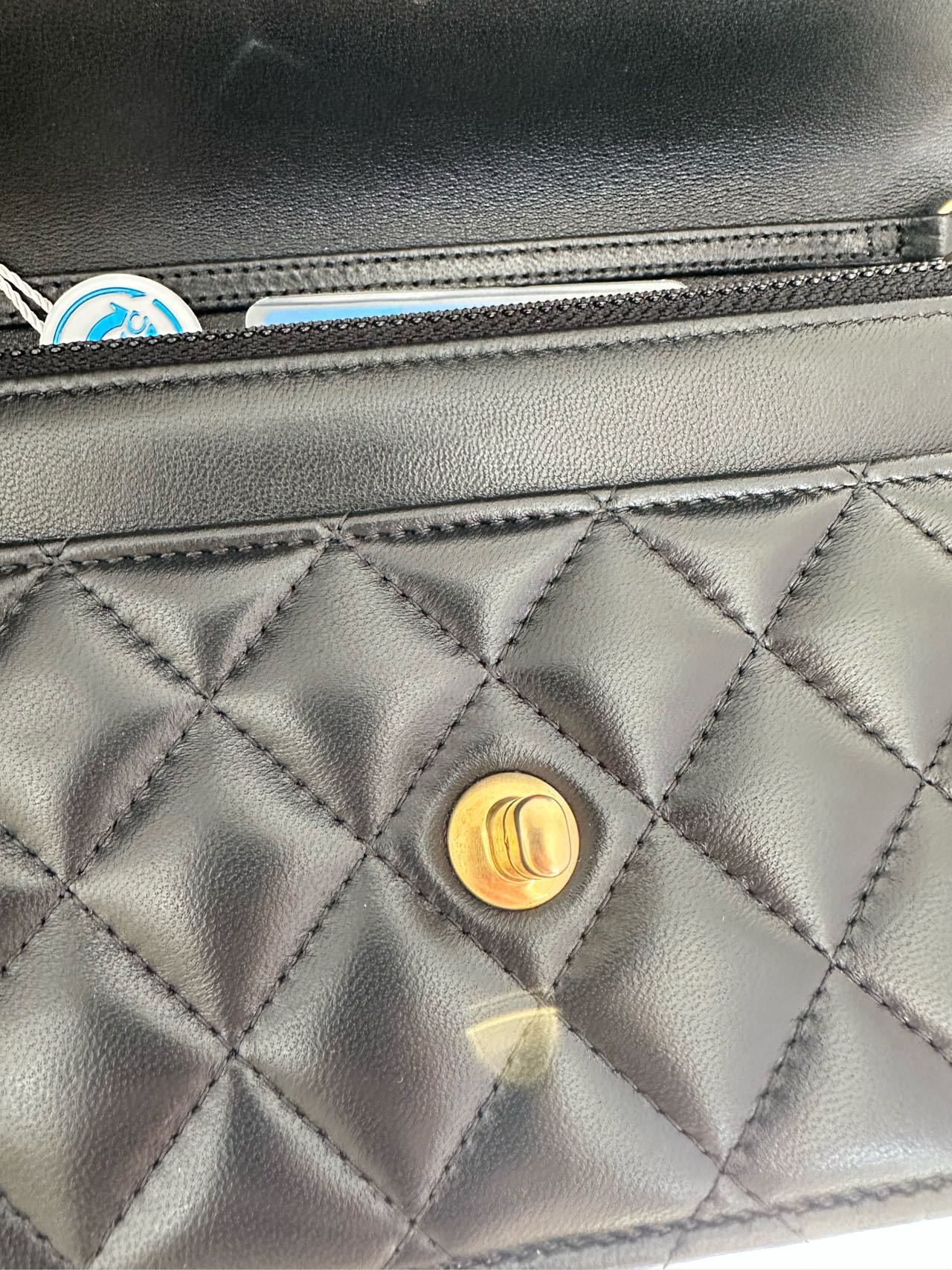 Pre-owned Certified Chanel  Pearl Crush Wallet on Chain in Black Lambskin with Golden Hardware, w/ fusll set