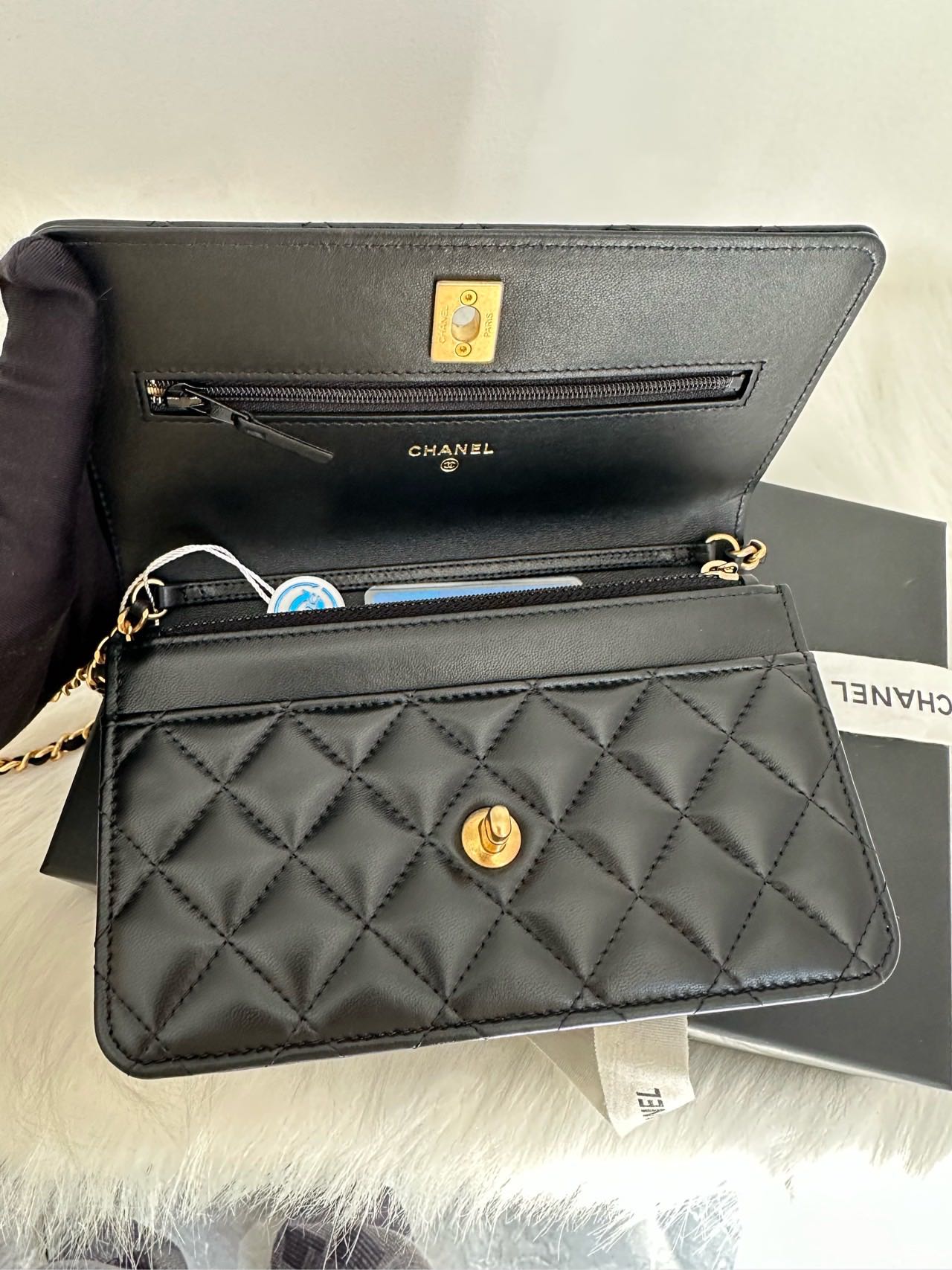 Pre-owned Certified Chanel  Pearl Crush Wallet on Chain in Black Lambskin with Golden Hardware, w/ fusll set