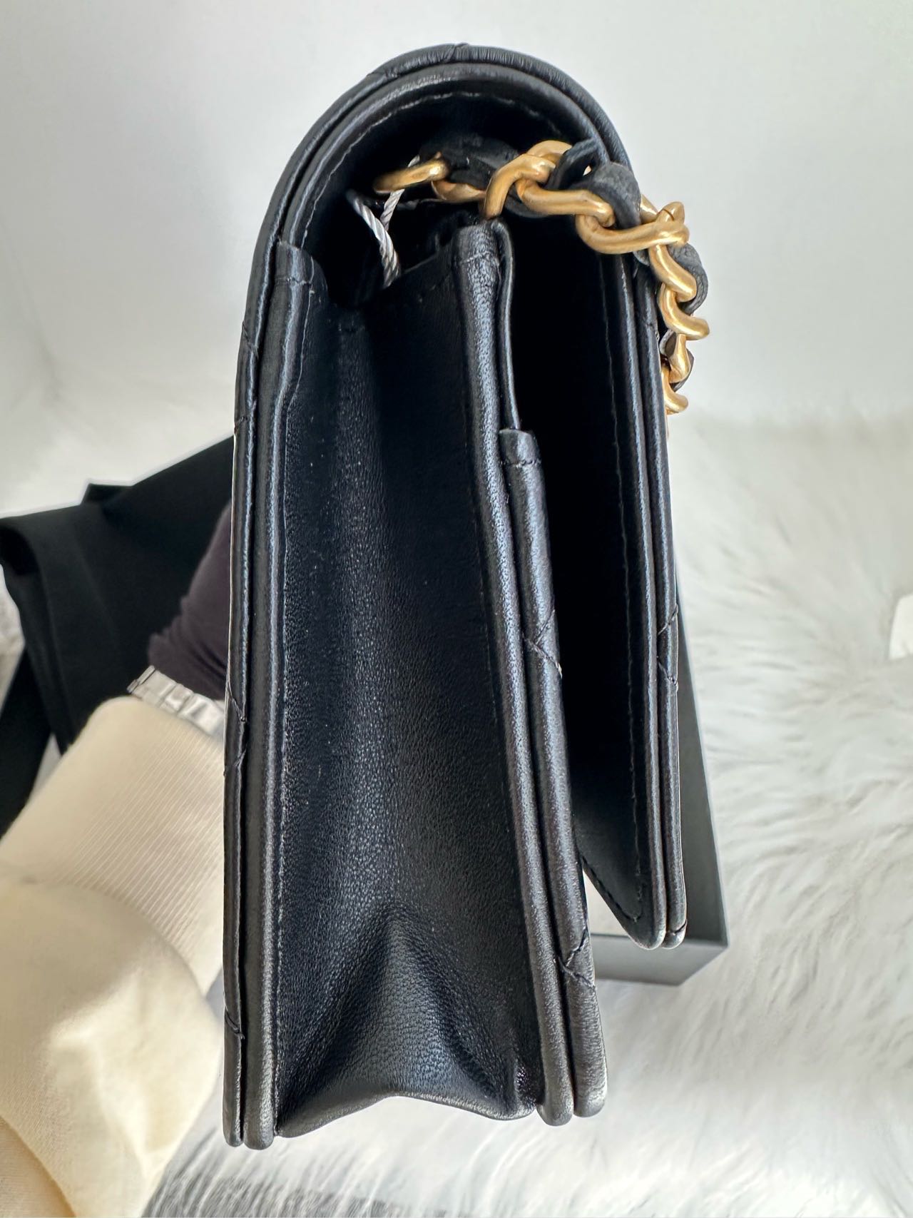 Pre-owned Certified Chanel  Pearl Crush Wallet on Chain in Black Lambskin with Golden Hardware, w/ fusll set