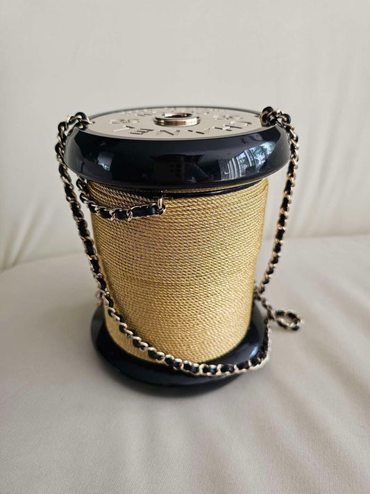 Pre-owned Certified Chanel Plexiglass Bobbin Minaudière Clutch Golden Thread Spool, 2016 Catwalk Bag, w/ card, dust bag