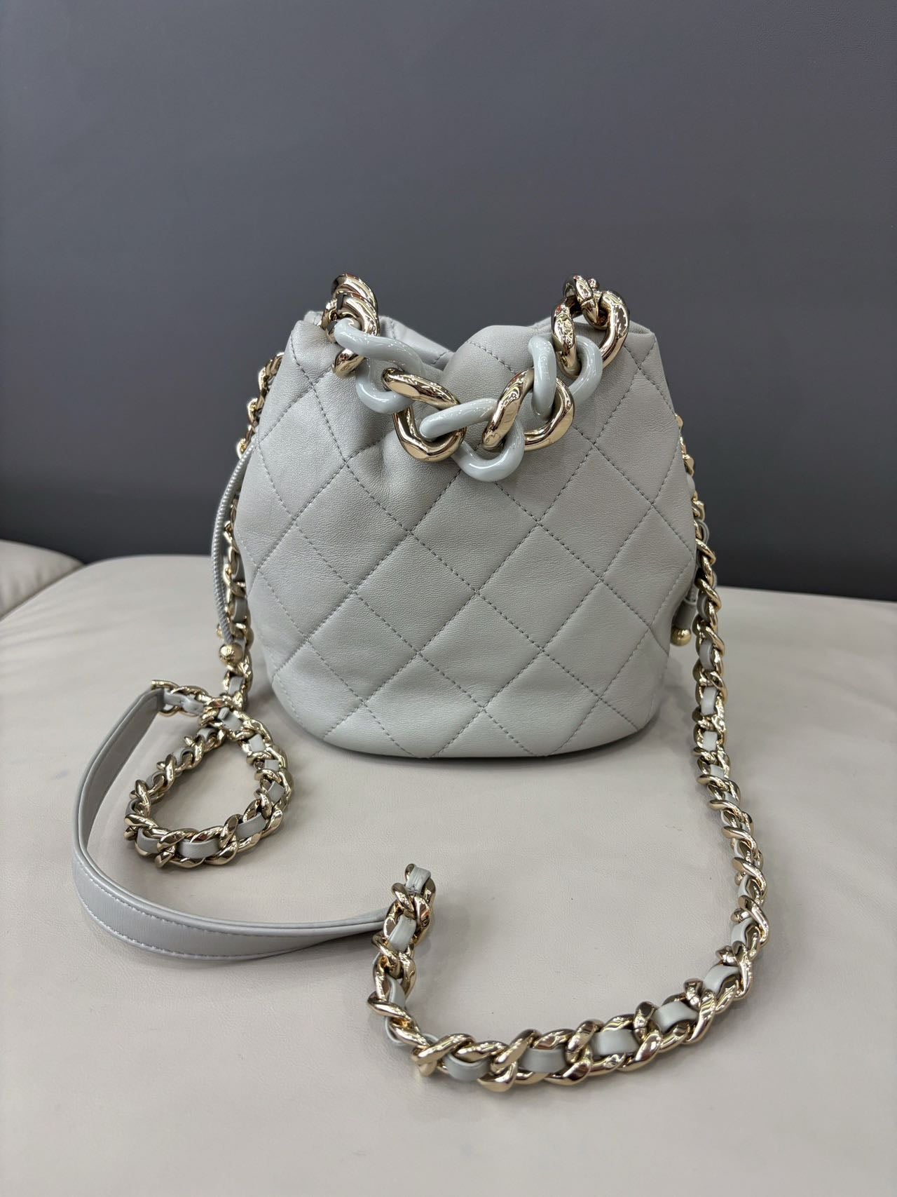 Pre-owned Certified Chanel Quilted Bucket Bag in Gray Calfskin with Golden Hardware, 2022 Microchipped, w/ Dust bag