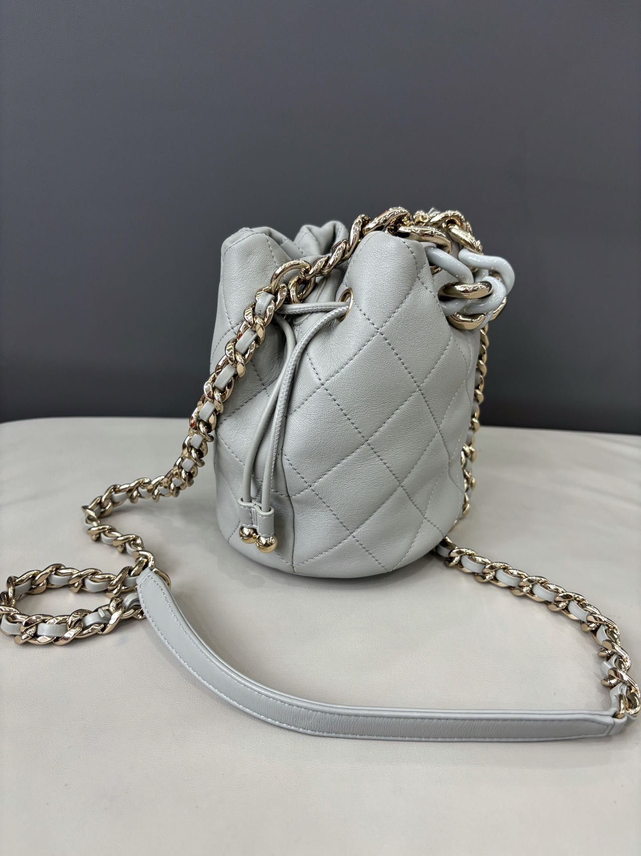 Pre-owned Certified Chanel Quilted Bucket Bag in Gray Calfskin with Golden Hardware, 2022 Microchipped, w/ Dust bag