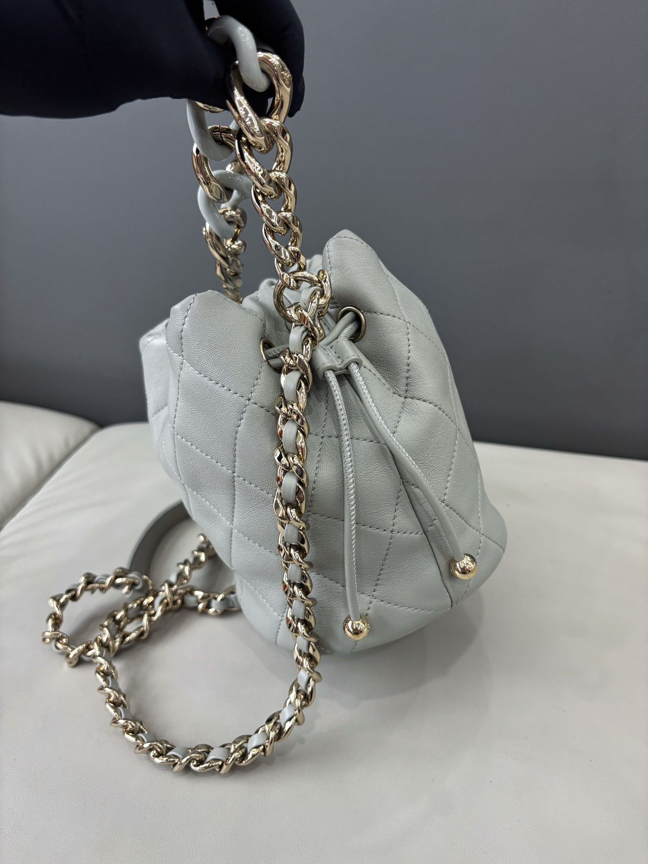 Pre-owned Certified Chanel Quilted Bucket Bag in Gray Calfskin with Golden Hardware, 2022 Microchipped, w/ Dust bag