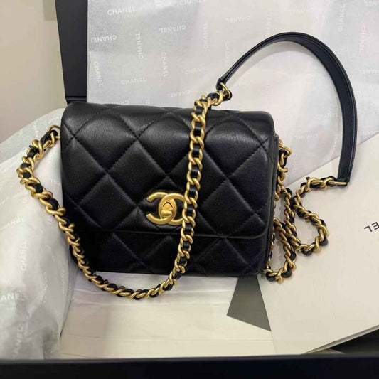 Pre-owned Certified Chanel Side Note Flap Bag Black Lambskin Golden Hardware, 2023 Microchipped, w/ Full Set