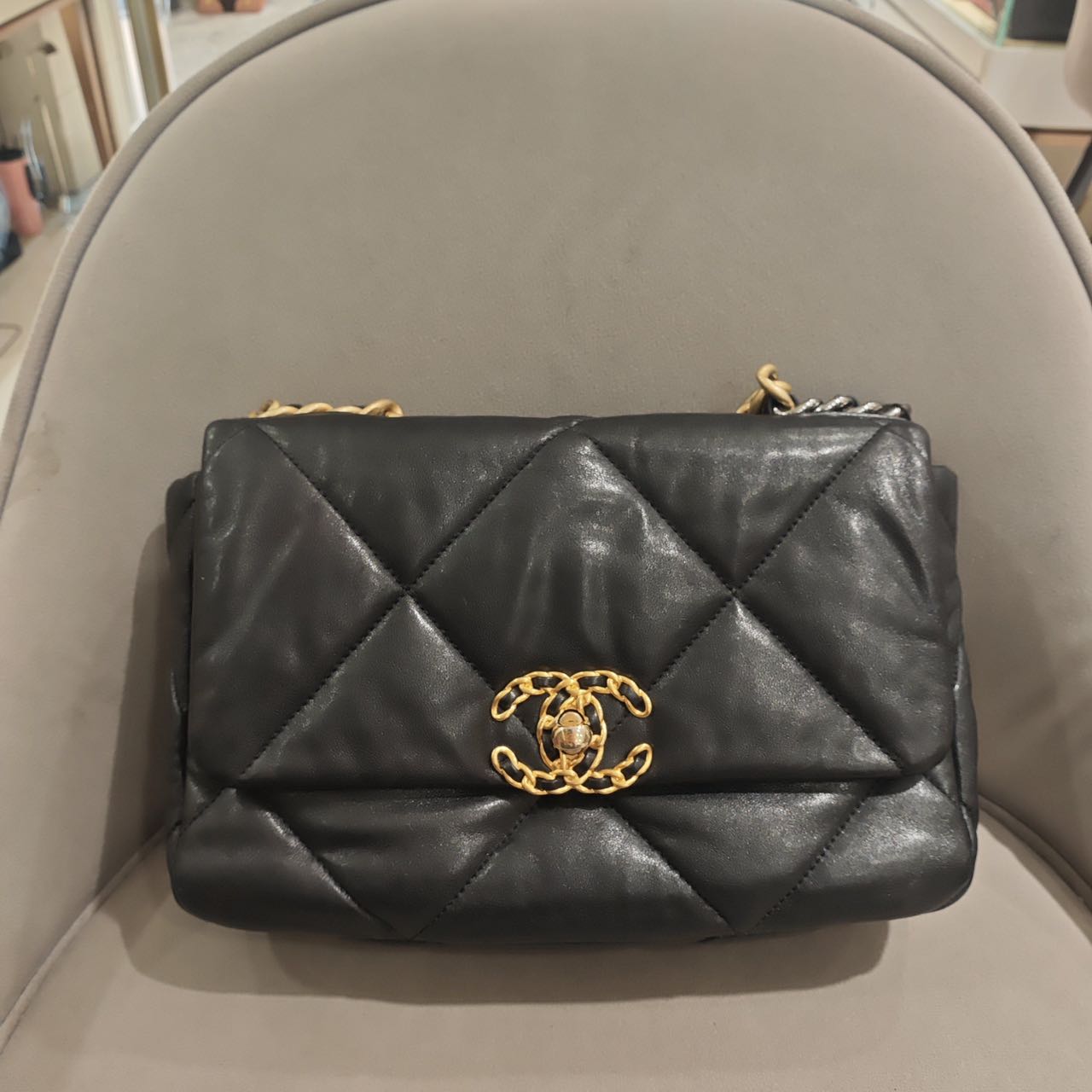 Pre-owned Certified Chanel Small 19Bag in Black Lambskin with Golden Hardware, 2019-2020, w/ full set