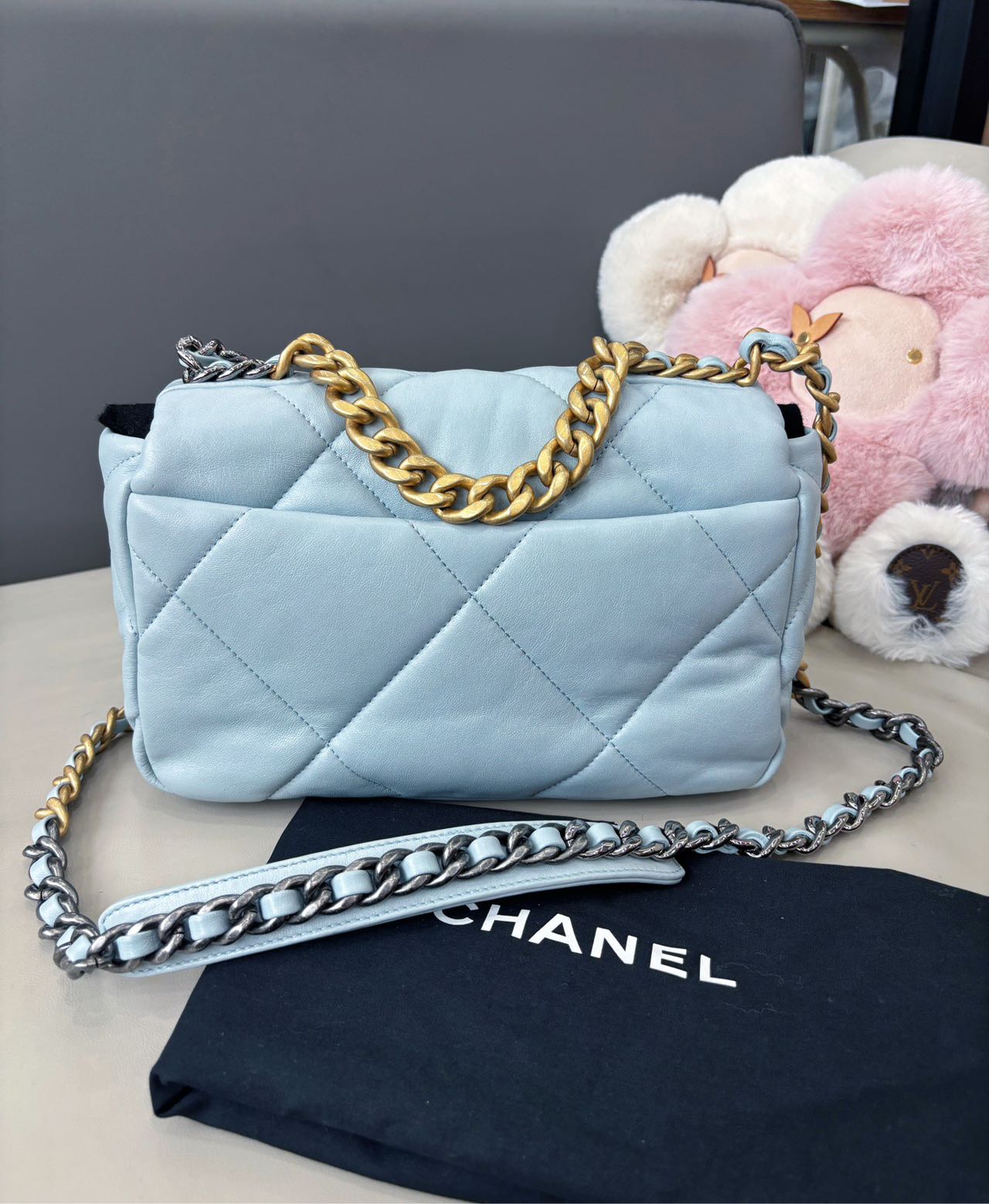 Pre-owned Certified Chanel Small 19Bag in Light Blue Lambskin with Golden Hardware, Microchipped, w/ box，dust bag
