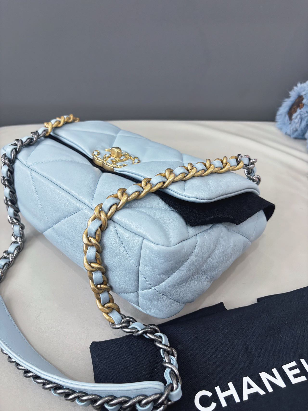 Pre-owned Certified Chanel Small 19Bag in Light Blue Lambskin with Golden Hardware, Microchipped, w/ box，dust bag