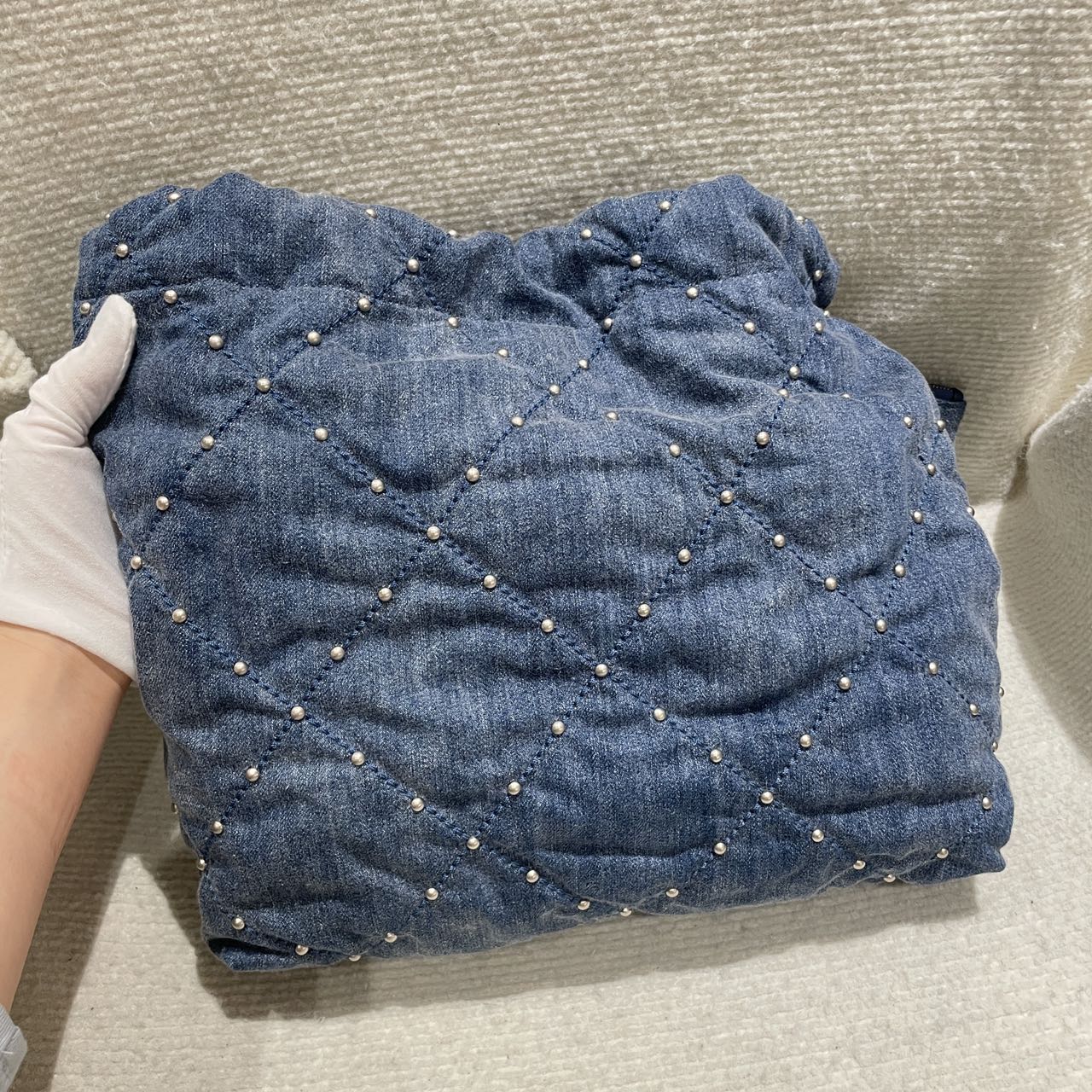 Pre-owned Certified Chanel Small 22Bag in Washed Denim with Silver Hardware, Studded, 2024 microchipped, w/ microchip, pouch, dust bag