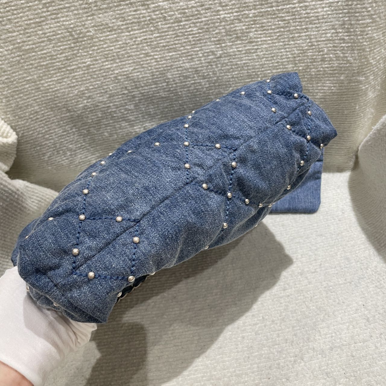 Pre-owned Certified Chanel Small 22Bag in Washed Denim with Silver Hardware, Studded, 2024 microchipped, w/ microchip, pouch, dust bag