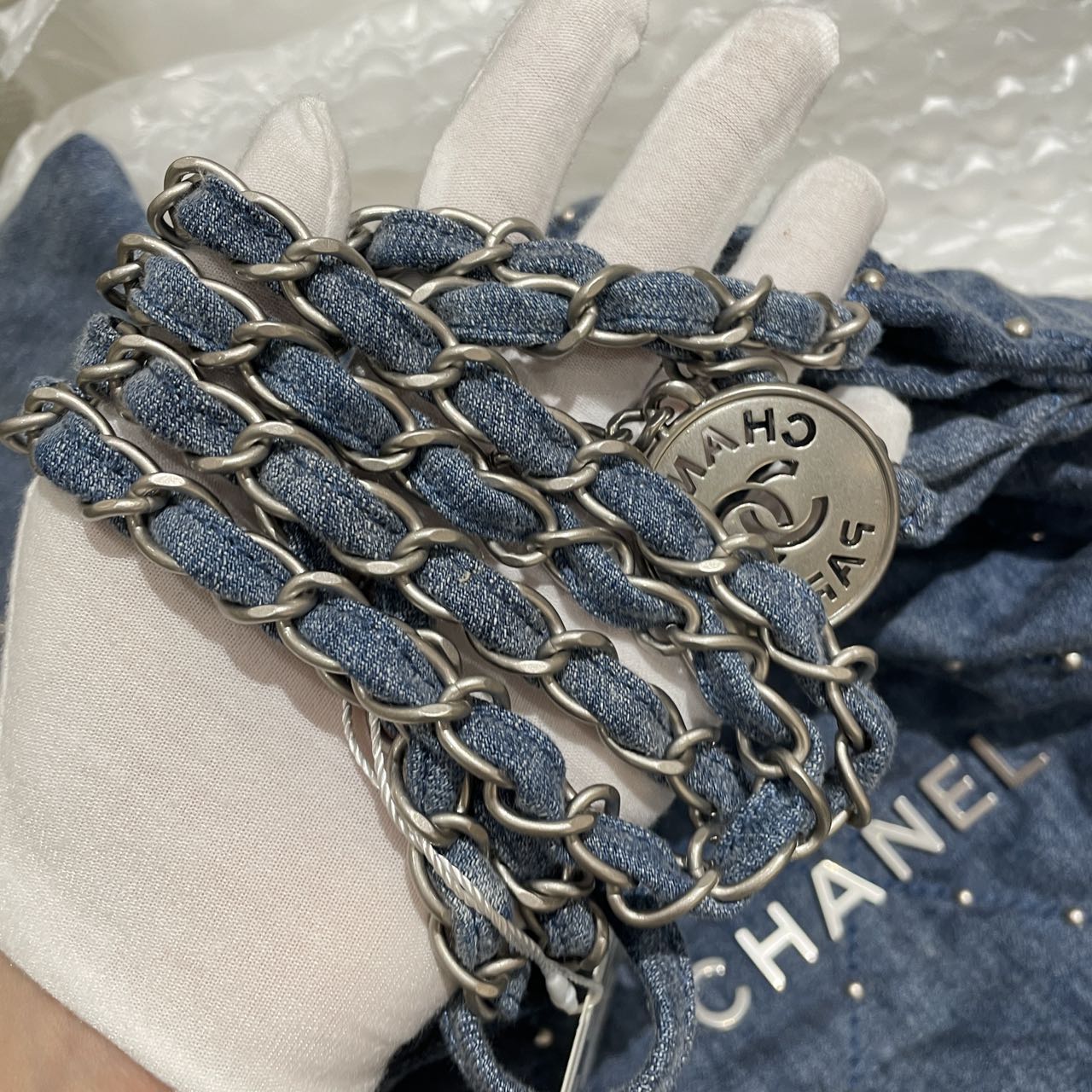 Pre-owned Certified Chanel Small 22Bag in Washed Denim with Silver Hardware, Studded, 2024 microchipped, w/ microchip, pouch, dust bag