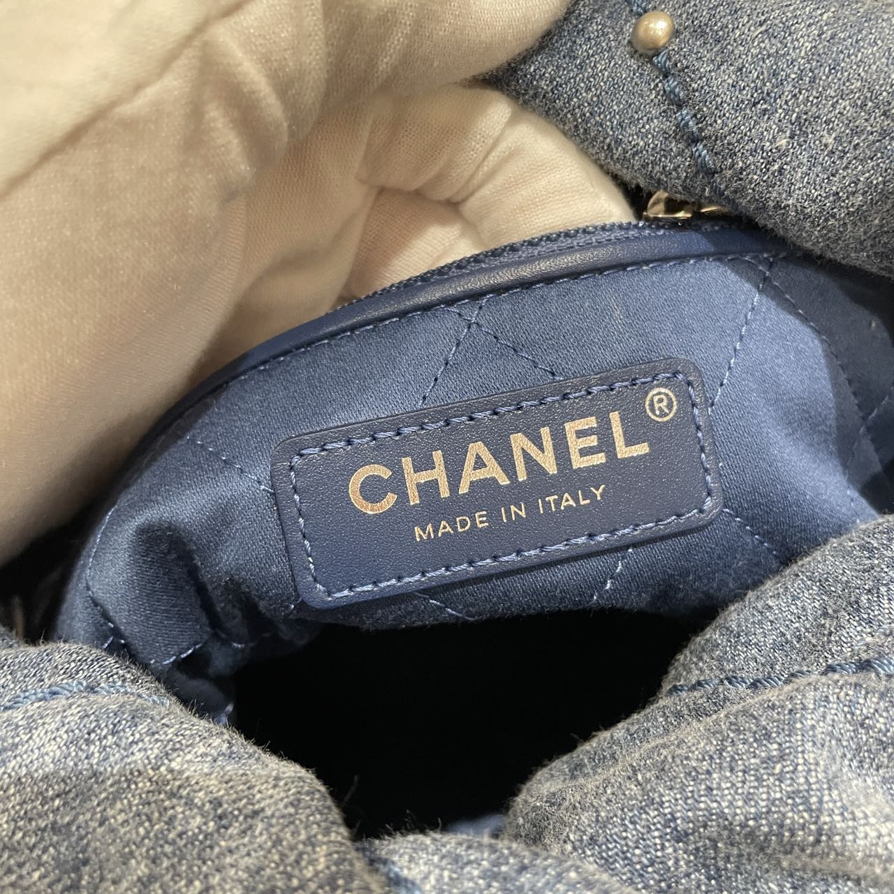 Pre-owned Certified Chanel Small 22Bag in Washed Denim with Silver Hardware, Studded, 2024 microchipped, w/ microchip, pouch, dust bag