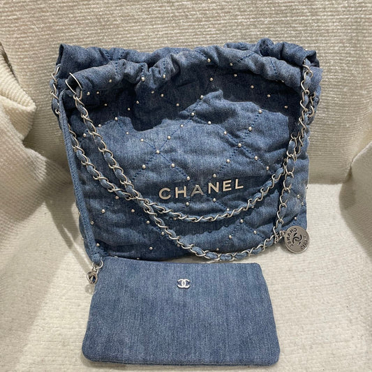 Pre-owned Certified Chanel Small 22Bag in Washed Denim with Silver Hardware, Studded, 2024 microchipped, w/ microchip, pouch, dust bag