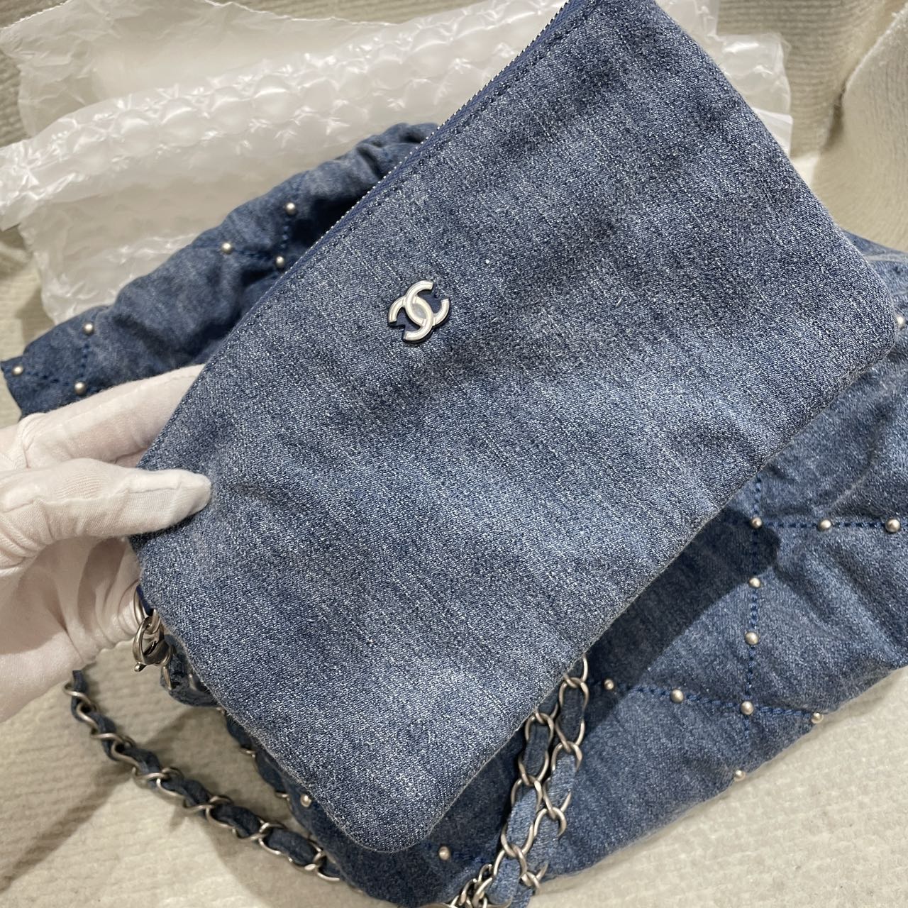 Pre-owned Certified Chanel Small 22Bag in Washed Denim with Silver Hardware, Studded, 2024 microchipped, w/ microchip, pouch, dust bag