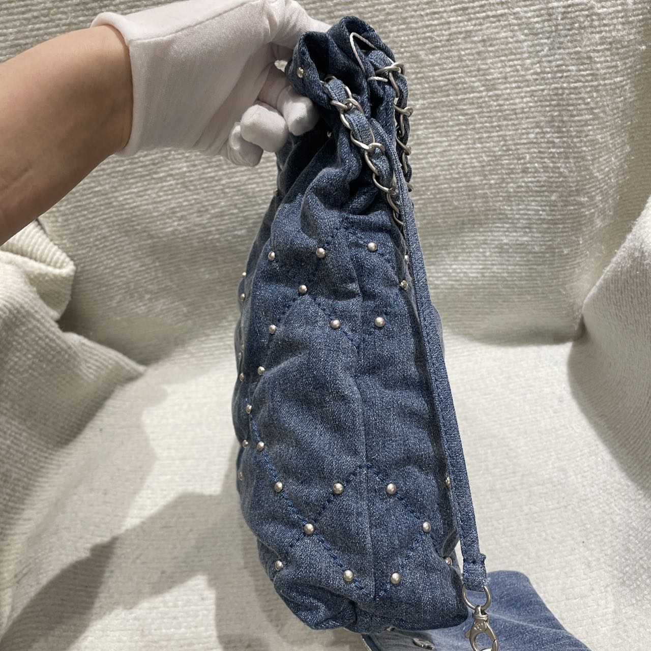 Pre-owned Certified Chanel Small 22Bag in Washed Denim with Silver Hardware, Studded, 2024 microchipped, w/ microchip, pouch, dust bag