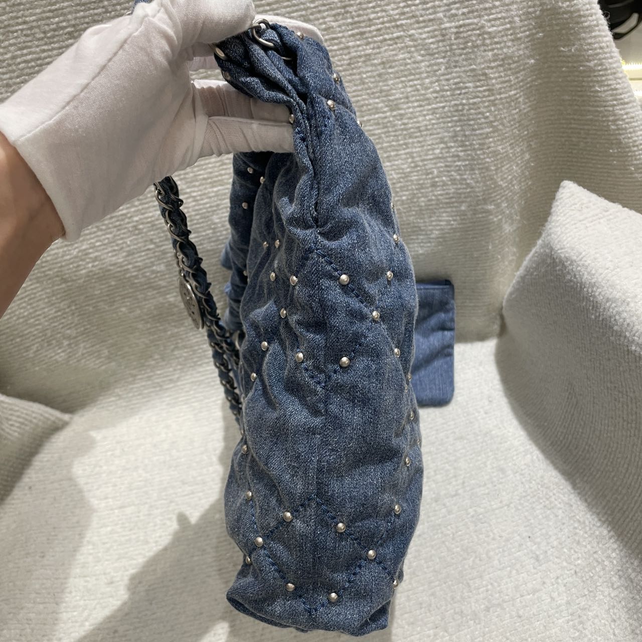 Pre-owned Certified Chanel Small 22Bag in Washed Denim with Silver Hardware, Studded, 2024 microchipped, w/ microchip, pouch, dust bag