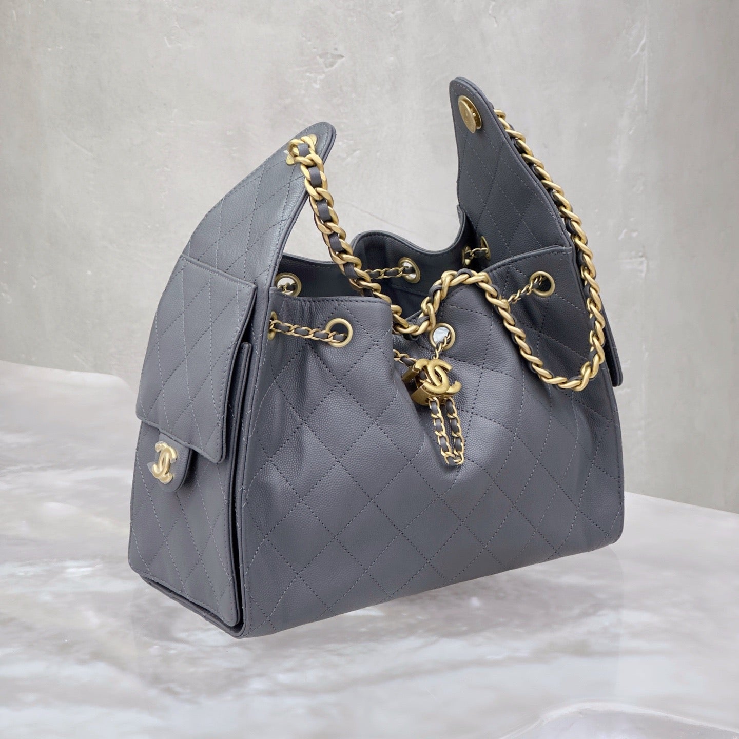 Pre-owned Certified Chanel Small 25Bag in Grey Caviar Leather with Golden Hardware, 2025 Microchipped, w/ Dust bag, Microchip