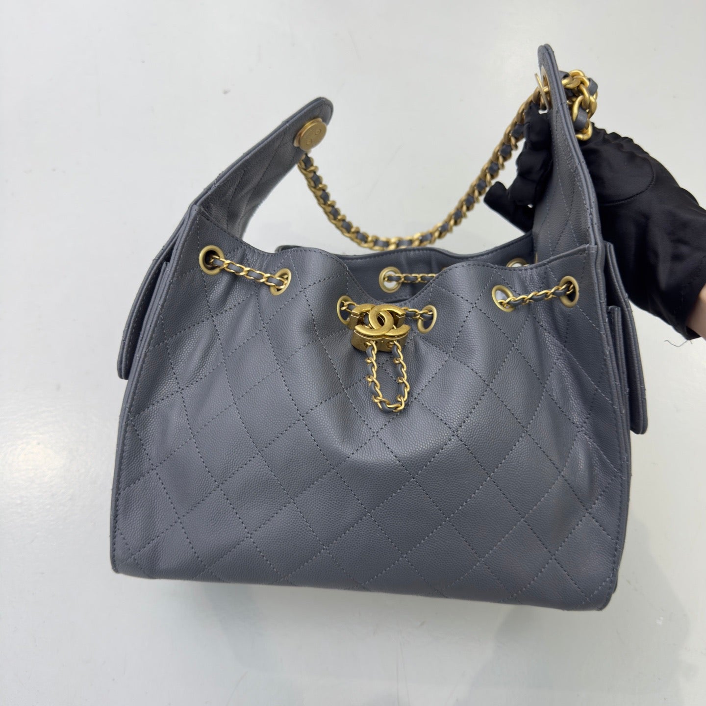 Pre-owned Certified Chanel Small 25Bag in Grey Caviar Leather with Golden Hardware, 2025 Microchipped, w/ Dust bag, Microchip