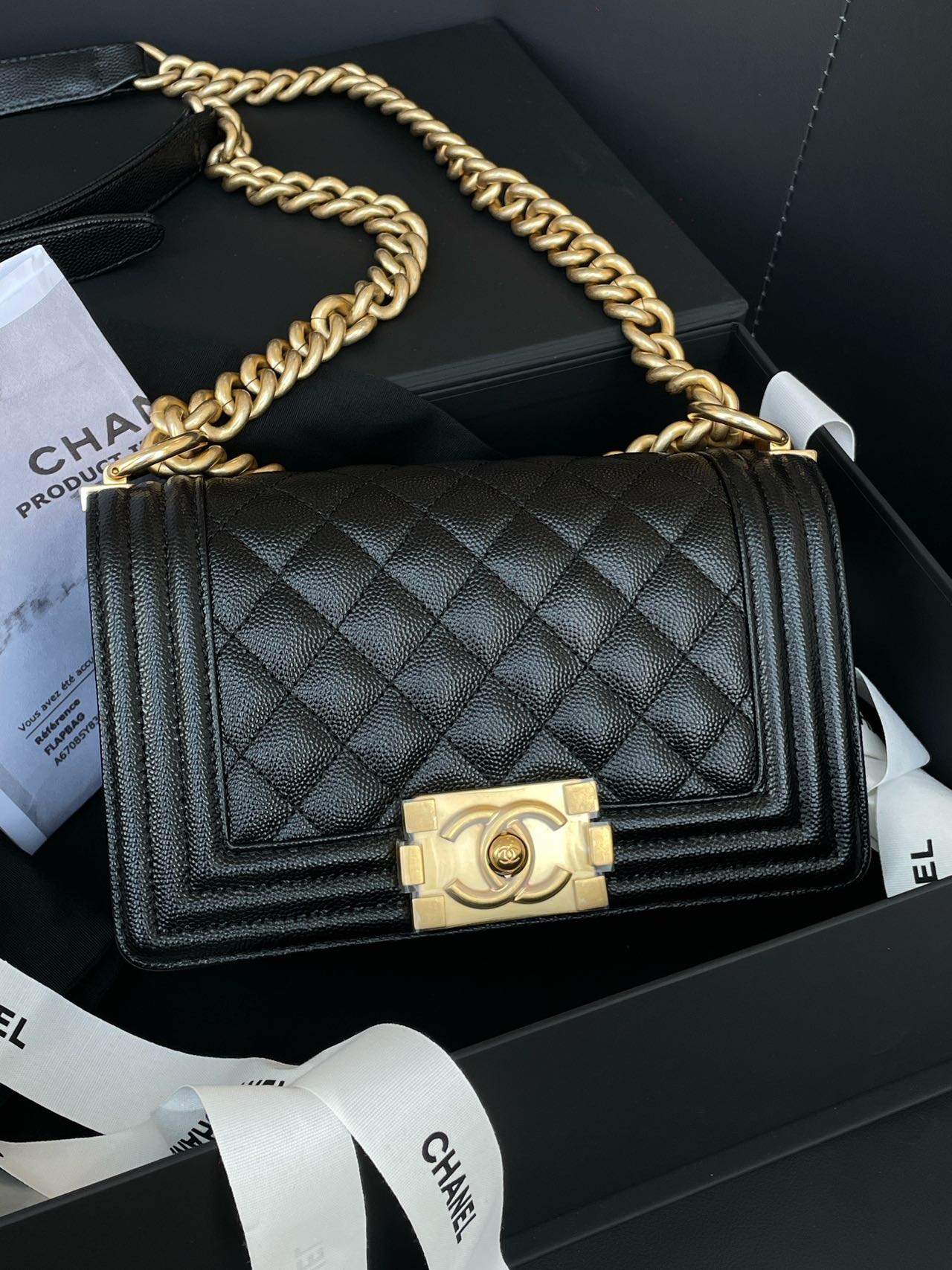 Pre-owned Certified Chanel Small Boy Bag in Black Caviar Leather with Golden Hardware, 2021 Microchipped,  w/ full set