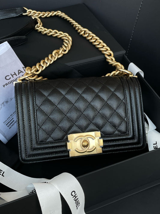 Pre-owned Certified Chanel Small Boy Bag in Black Caviar Leather with Golden Hardware, 2021 Microchipped,  w/ full set