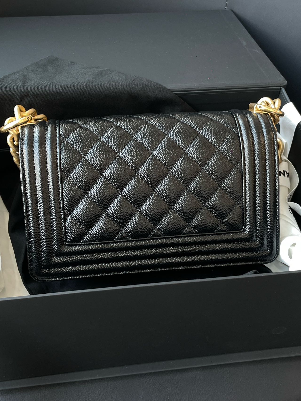 Pre-owned Certified Chanel Small Boy Bag in Black Caviar Leather with Golden Hardware, 2021 Microchipped,  w/ full set